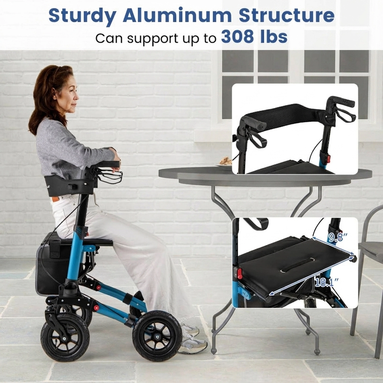 SUGIFT Folding Aluminum Rollator Walker with Seat and Storage 308-lb Capacity Adjustable Height All Terrain Navy