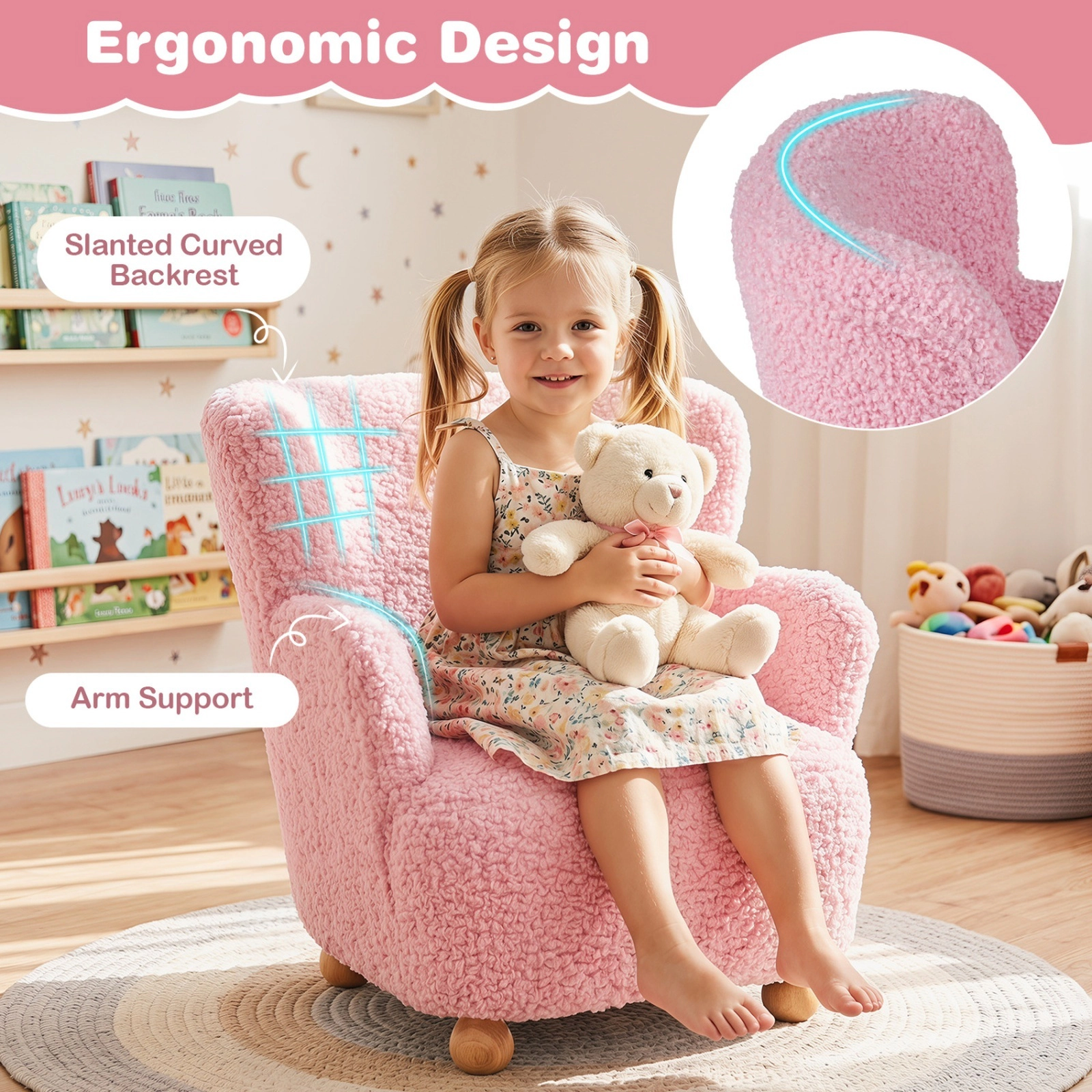 SUGIFT Kids’ Light Pink Sherpa Reading Chair with Rubber Wood Legs