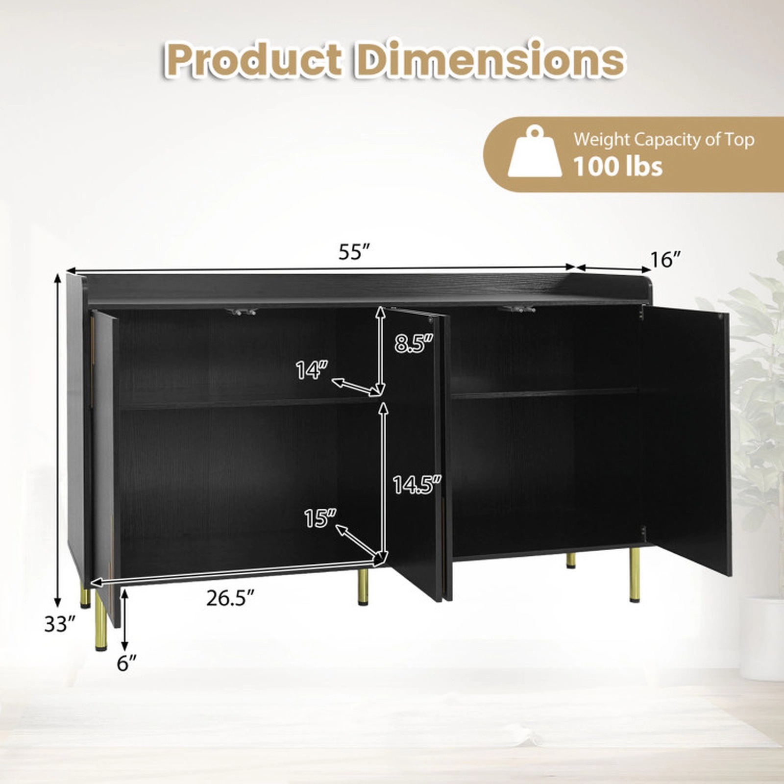 SUGIFT 55-in Buffet Cabinet Sideboard with 4 Doors and 5 Metal Legs 100-lb Top Capacity 72-lb Net Weight Black/White