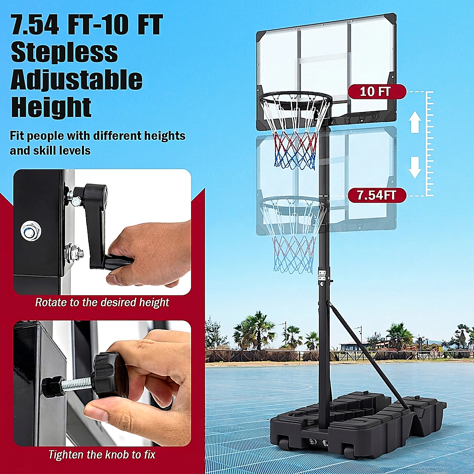 SUGIFT Black Foldable Basketball Hoop with Stepless Rotating Handle and PC Backboard 7.54-ft to 10-ft H 18-in Rim