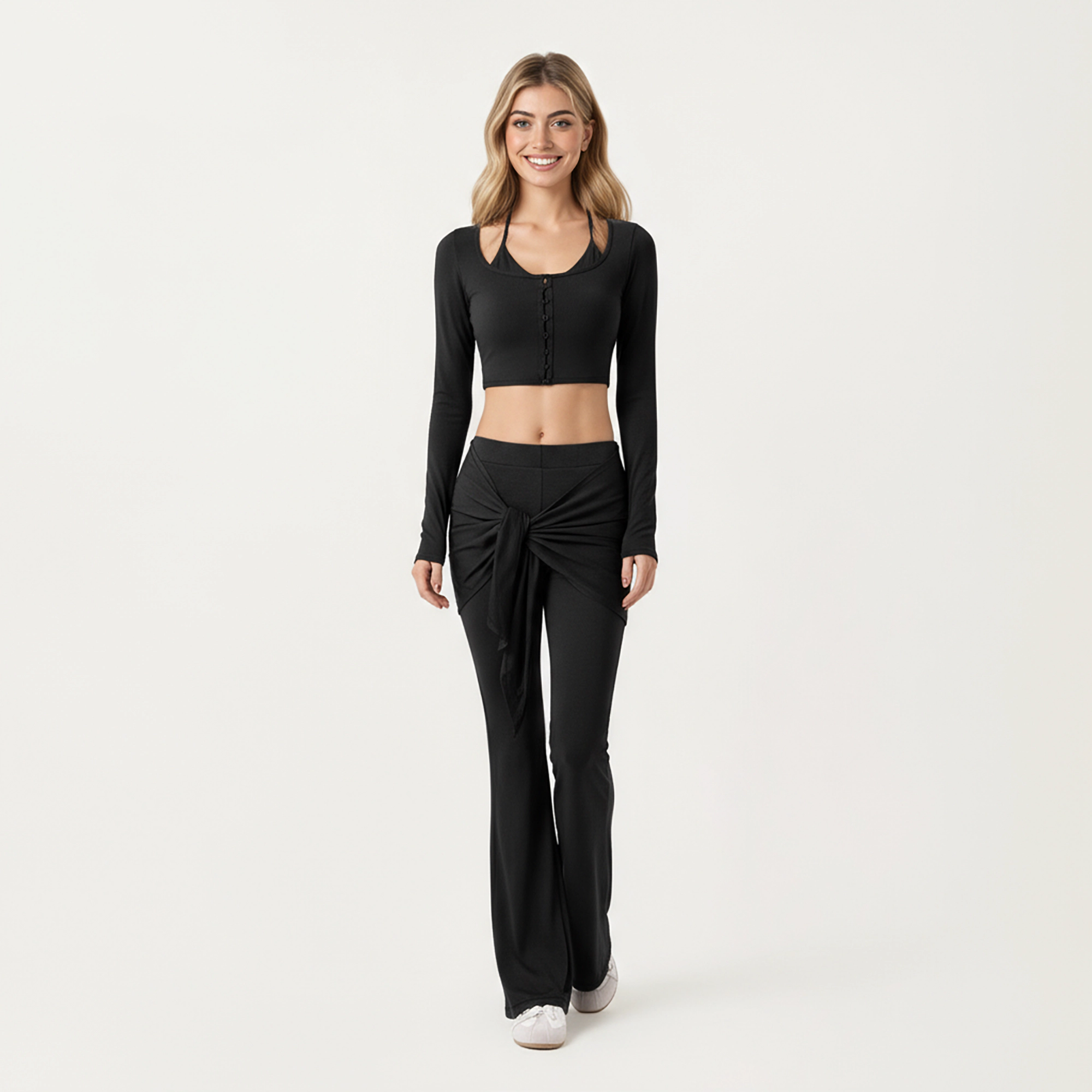 Anna-Kaci Women's Long Sleeve Cropped Button Front Top with Square Neckline and Fitted Silhouette