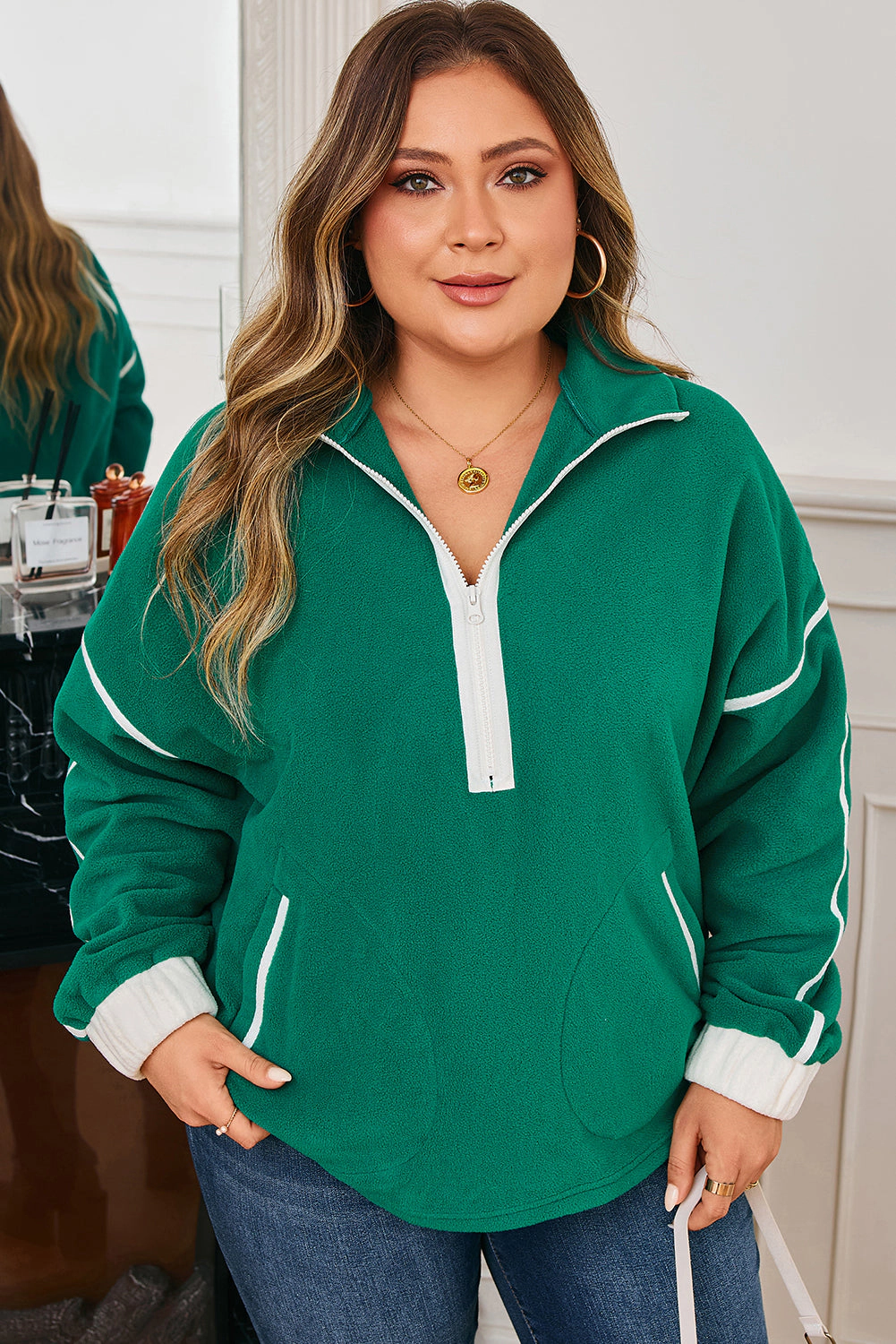 Threaded Pear Women's Ava Contrast Trim Fleece Plus Sweatshirt