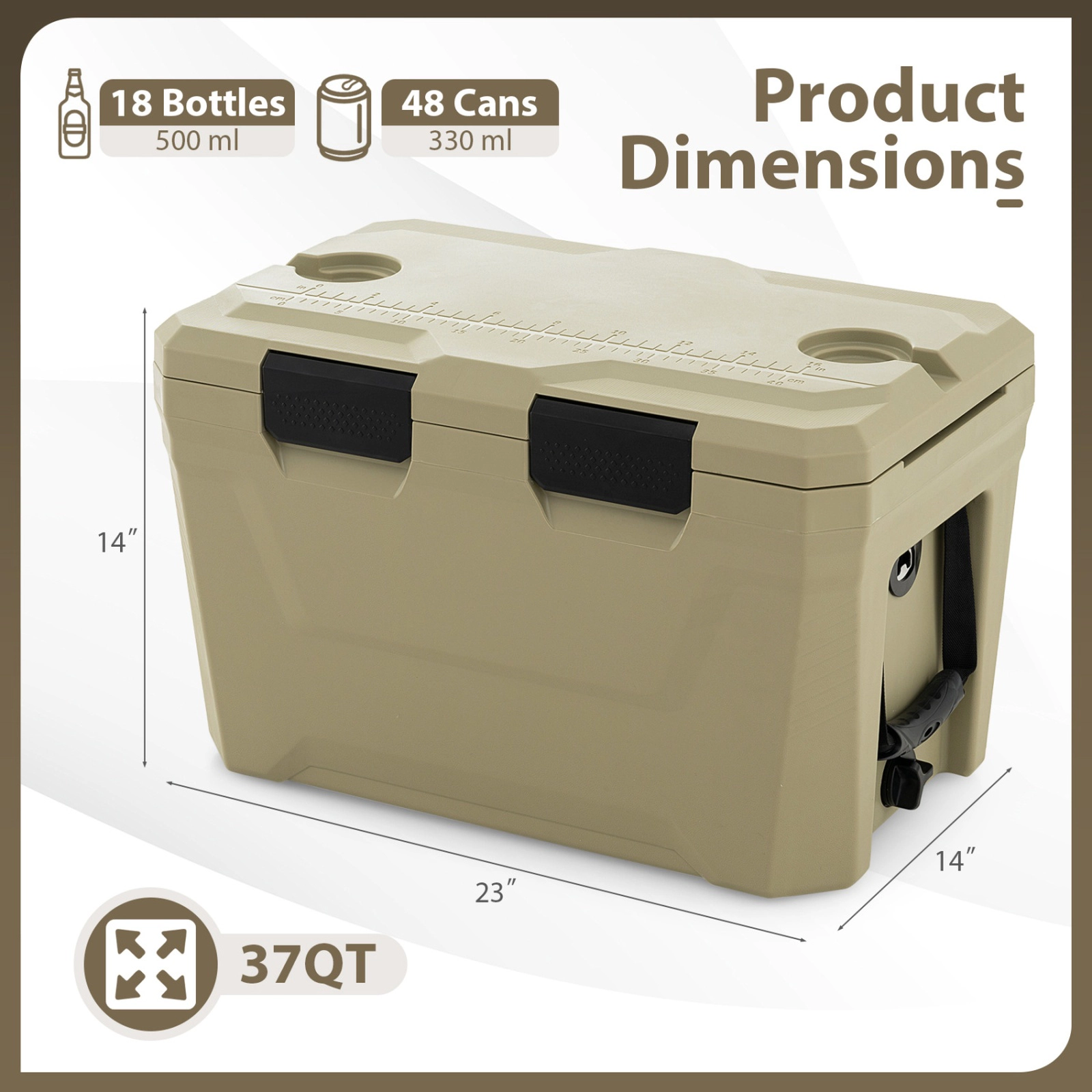 SUGIFT 37-Quart Tan Hard Side Cooler with Fish Ruler and Bottle Opener 23-in W 14-in D 14-in H 110-lb Lid Capacity