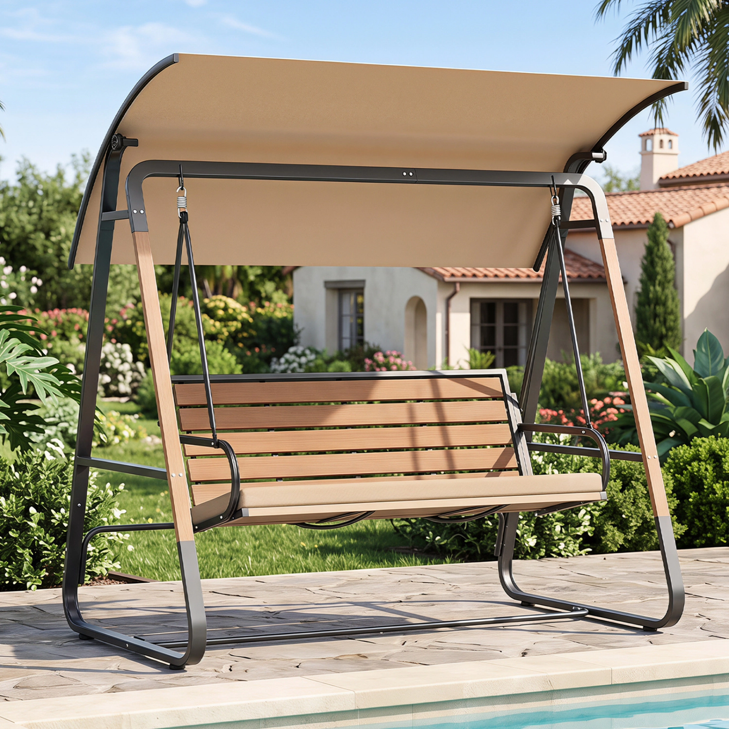 LJG 3-Person Porch Swing Outdoor with Adjustable Canopy