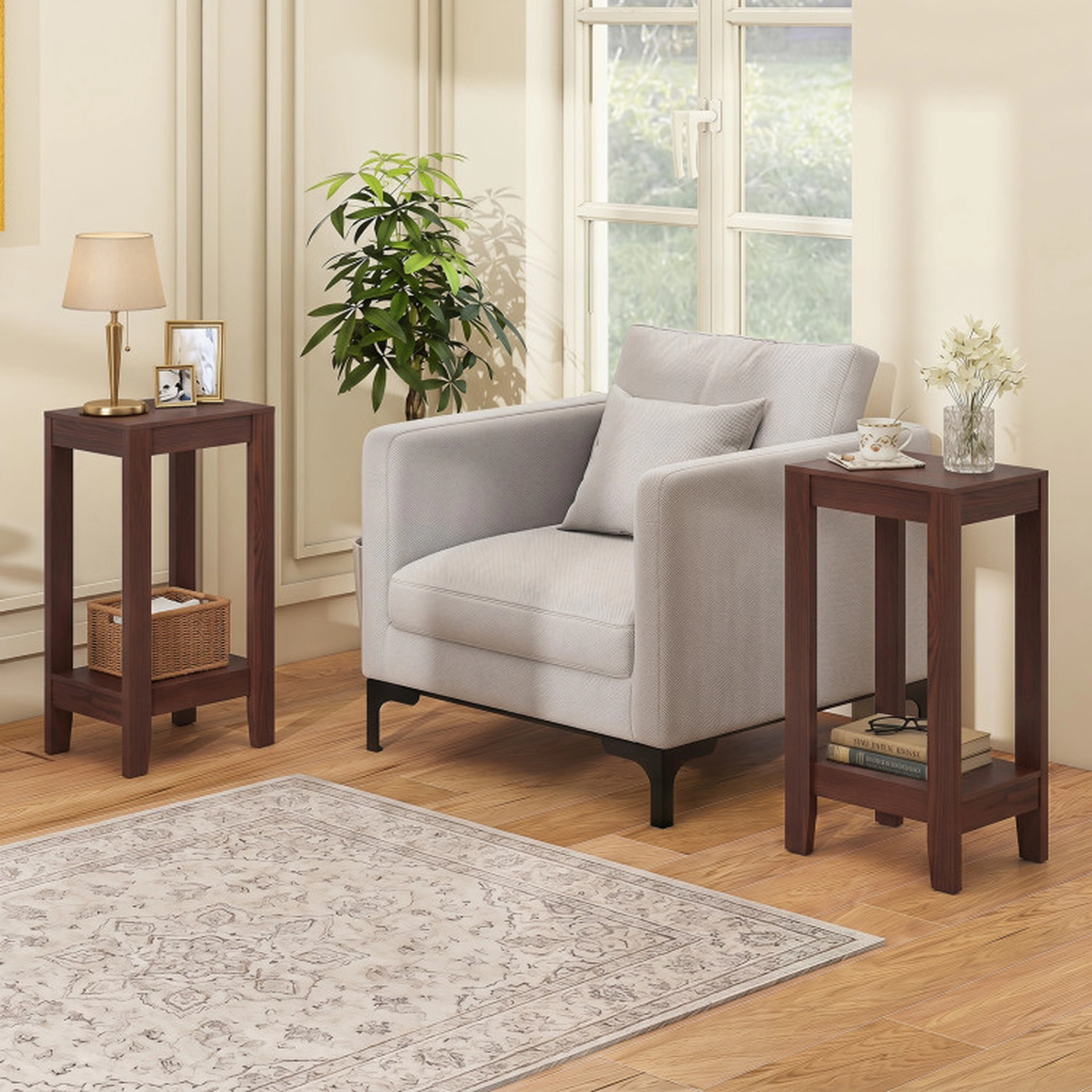 SUGIFT Set of 2 Narrow 2-Tier Open Shelf Solid Wood Legs MDF End Tables 16-in x 12-in x 29-in 11-lb Capacity Brown