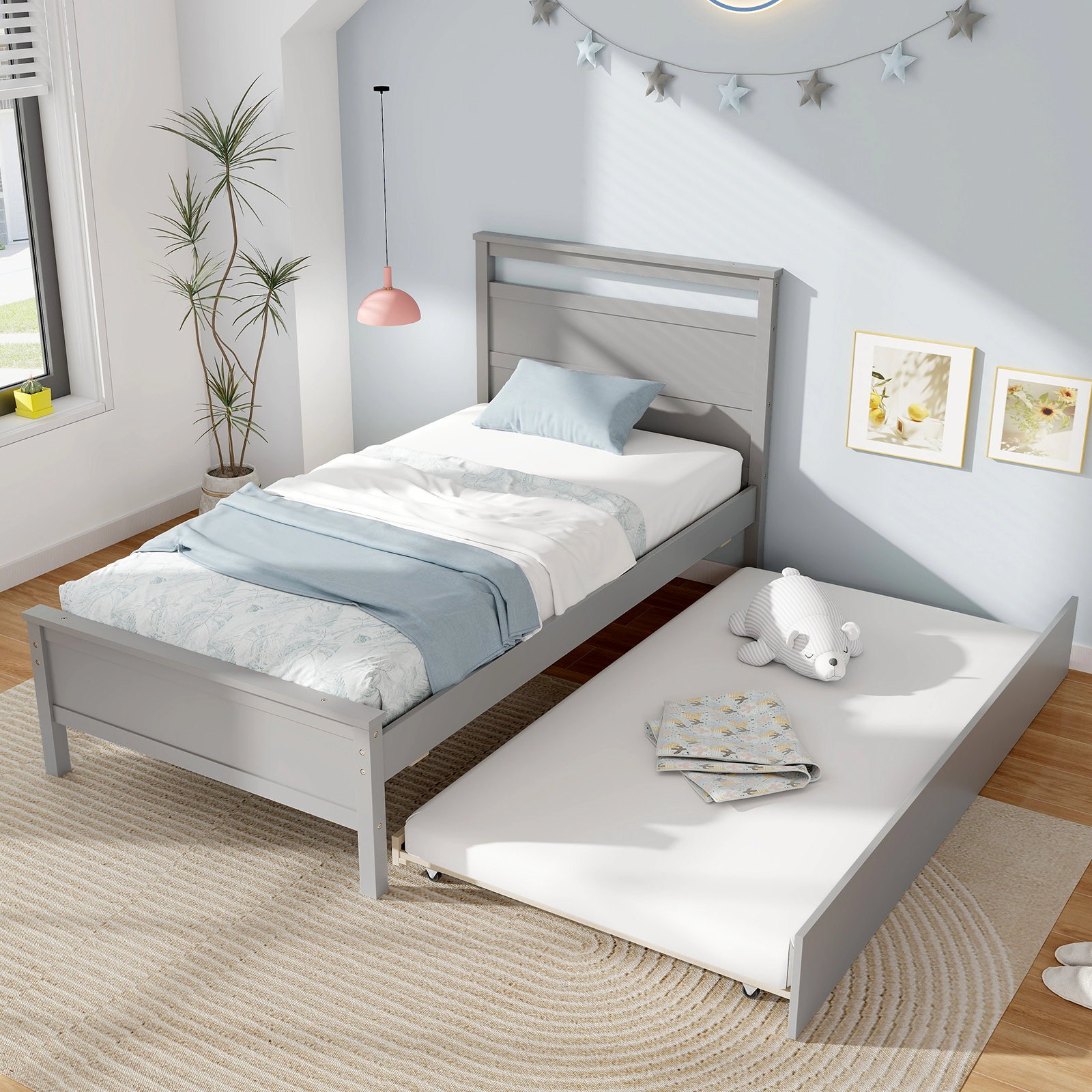 SUGIFT Twin Wooden Platform Bed with Pull-Out Trundle, Gray