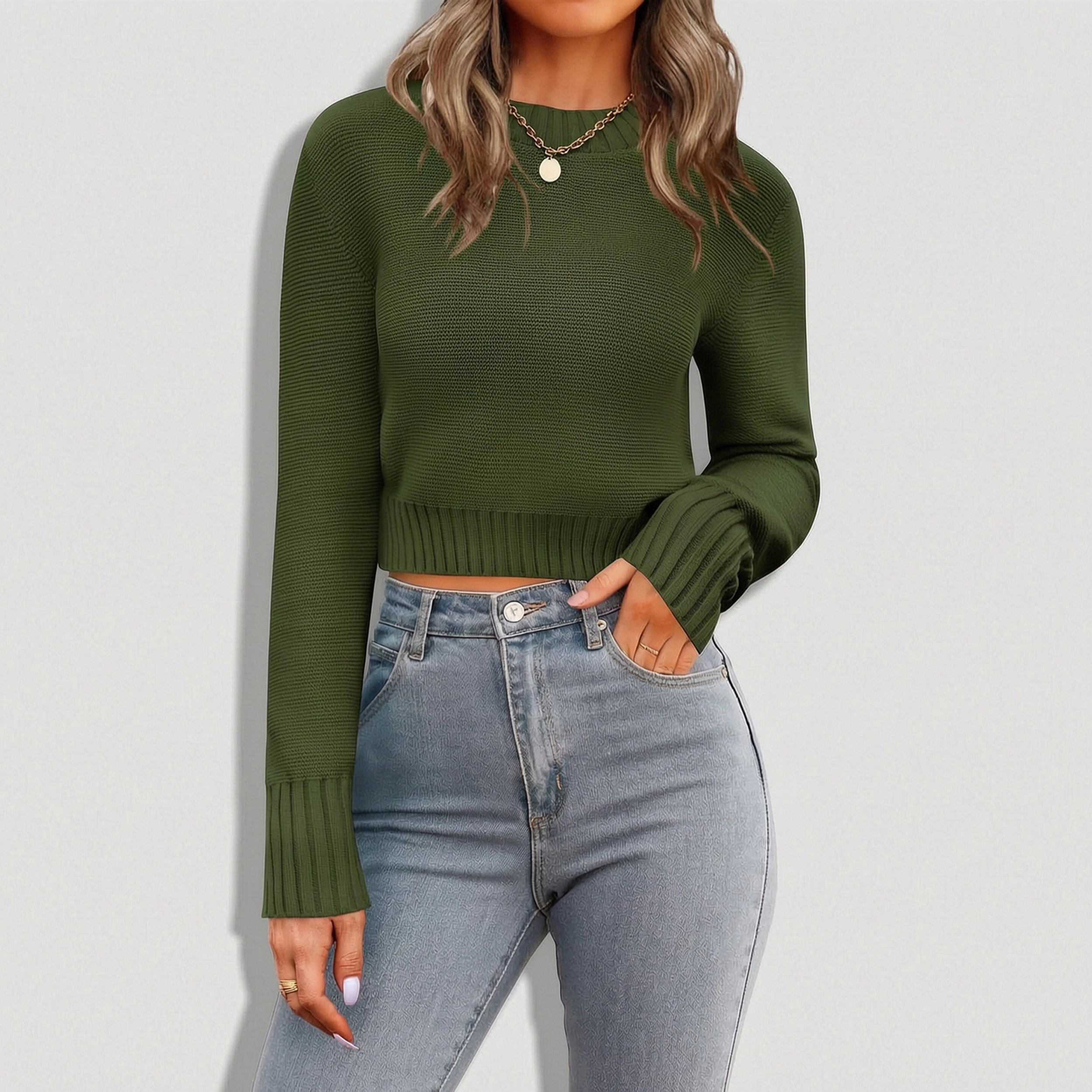 Zeagoo Women's Crewneck Cropped Long Sleeve Ribbed Knit Pullover
