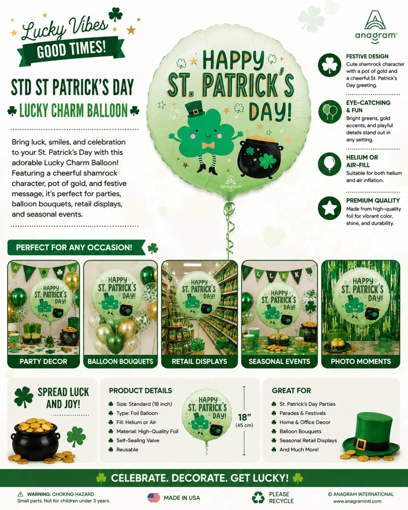 LoonBalloon St. Patrick's Day Lucky Charm Balloon