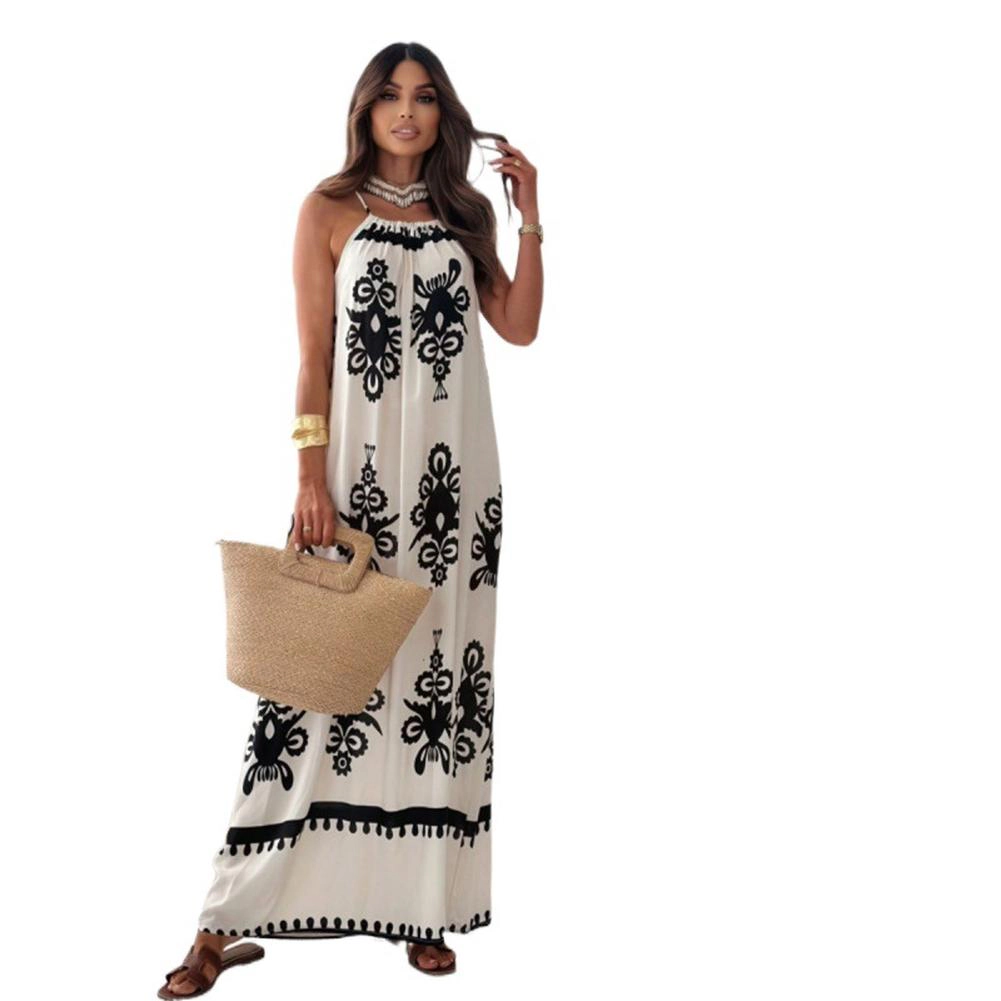 KOJOOIN Women's Maxi Dress Boho Flowy Sundress Sleeveless Long Halter Tie‑Back Vacation Dresses