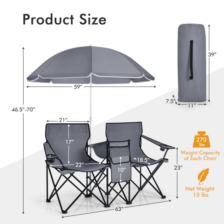 SUGIFT Gray Double Folding Picnic Chair with Removable Umbrella and Cooler Bag 63-in W 22-in D 270-lb Per Seat