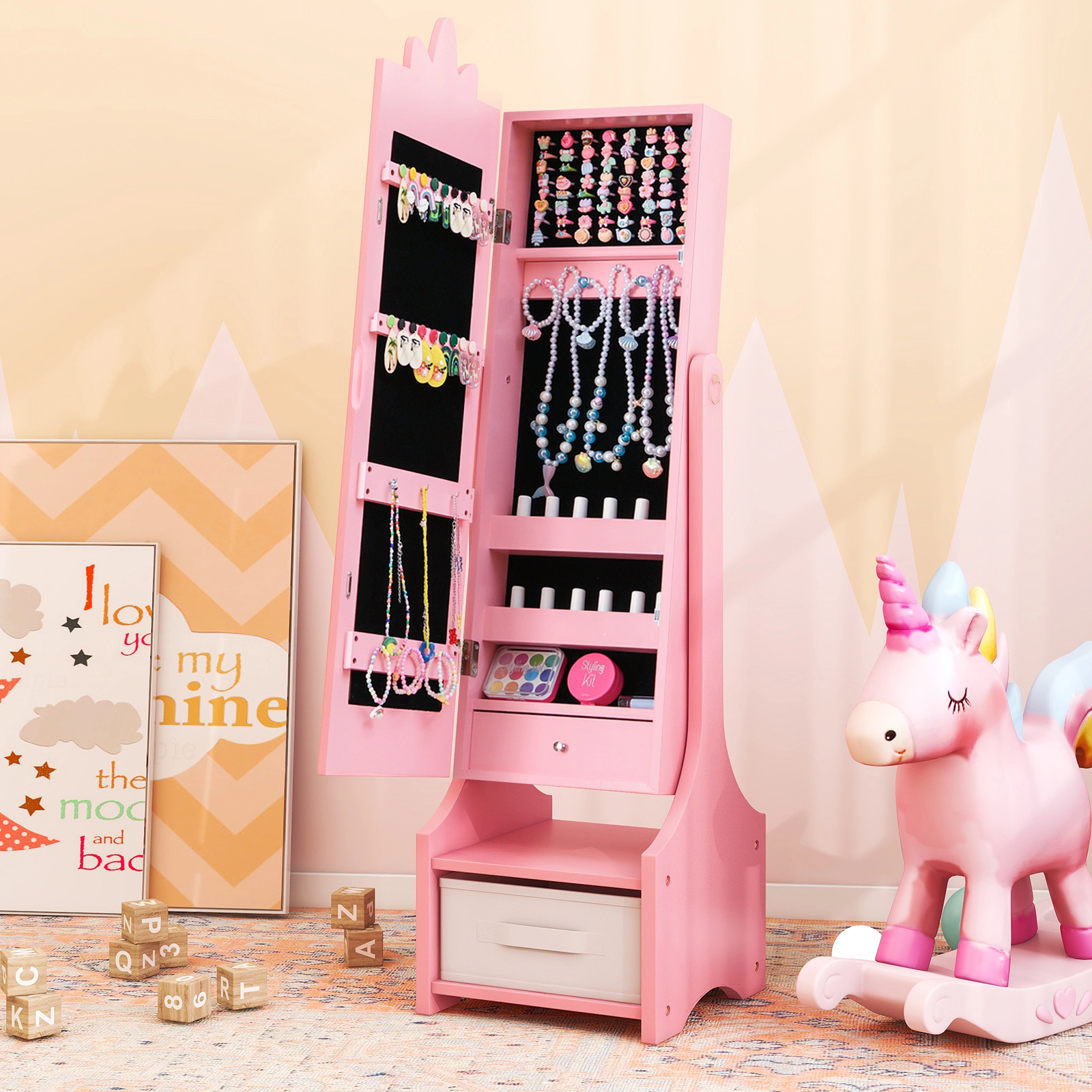 SUGIFT Pink Kids Jewelry Armoire Cabinet with Full-Length Mirror and Storage Compartments 45.5-in H
