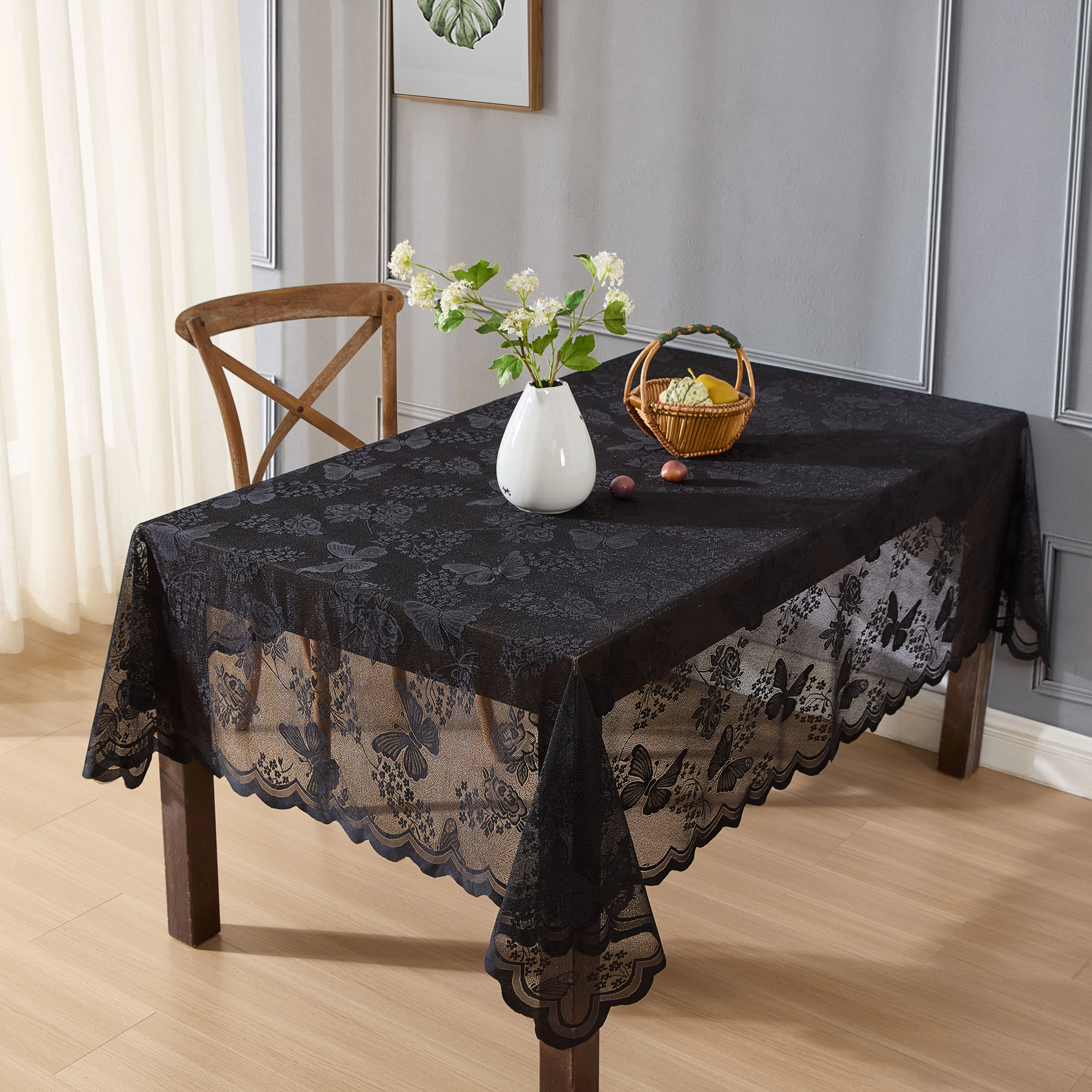 HLC.ME Butterfly Floral Scalloped Lace Fabric Wrinkle Resistant Tablecloth