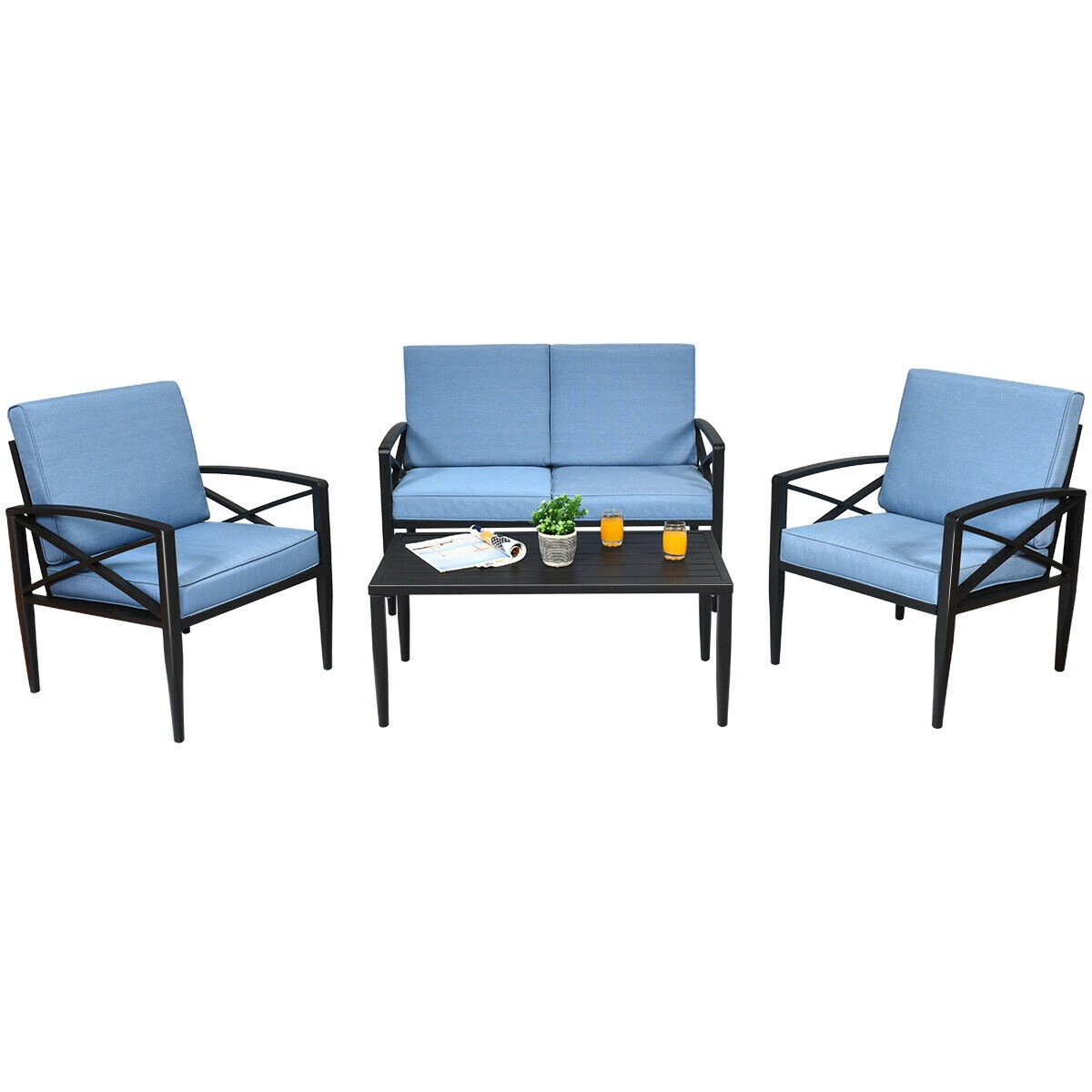 LJG 4 Pieces Patio Furniture Set Aluminum Frame Cushioned Sofa