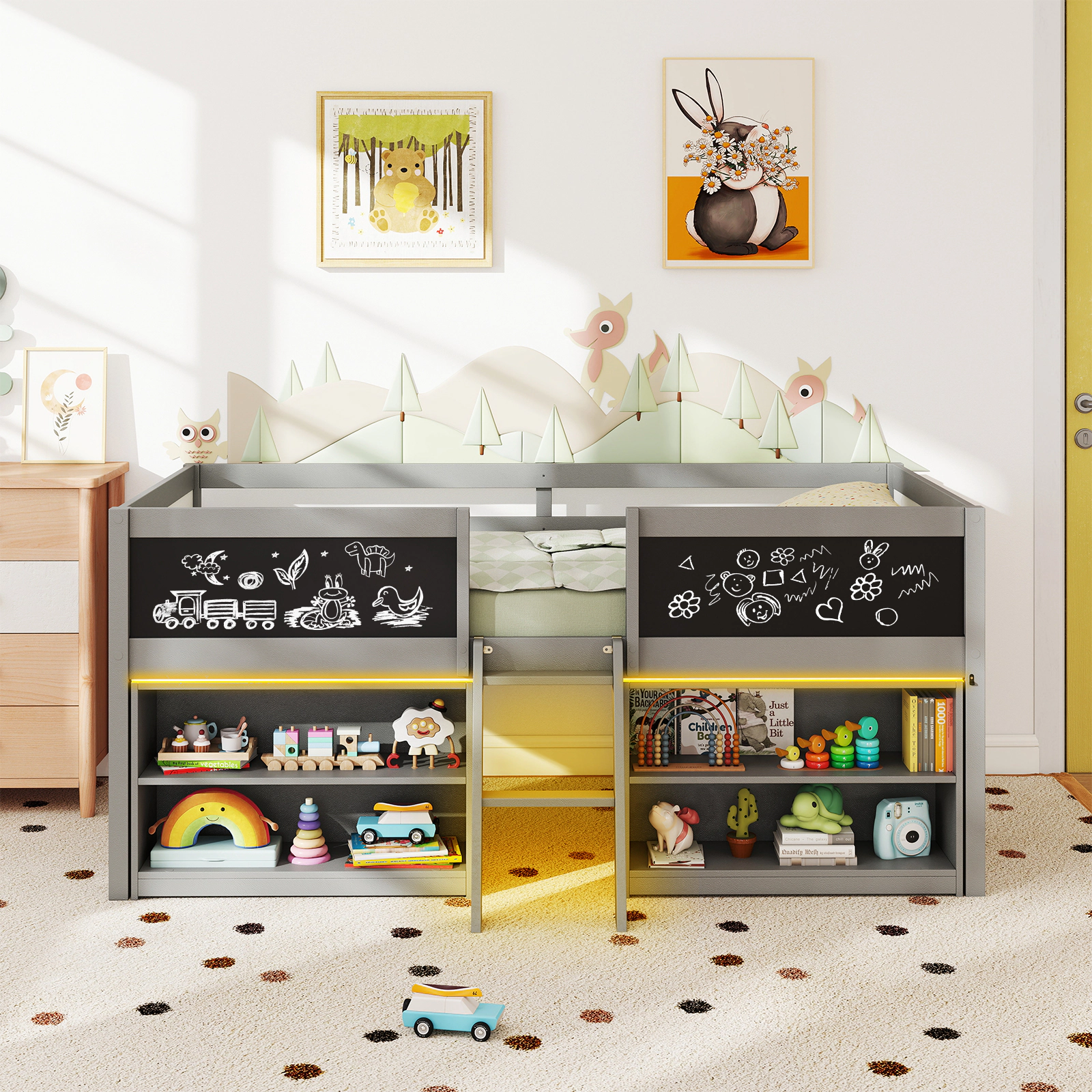 Costway Low Loft Bed Twin Wooden Frame Kid's Cabin w/ Bookcases White