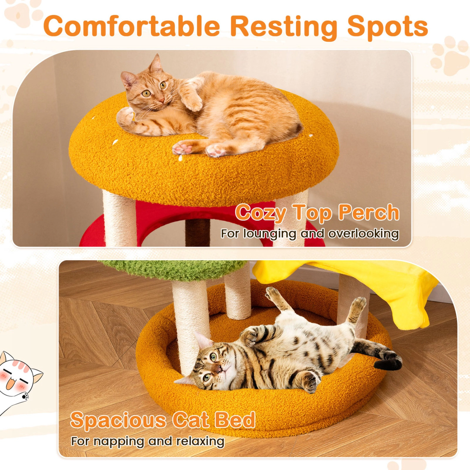 SUGIFT Yellow 42 in Hamburger Cat Tree with 24 in Padded Perch and Cat Bed