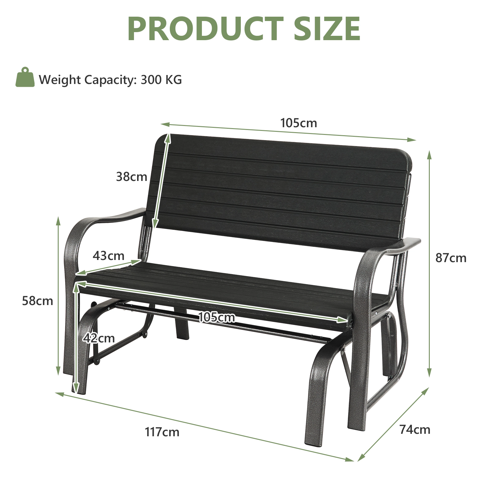 LJG 2-Seat Porch Glider with HDPE Back Seat and Steel Frame