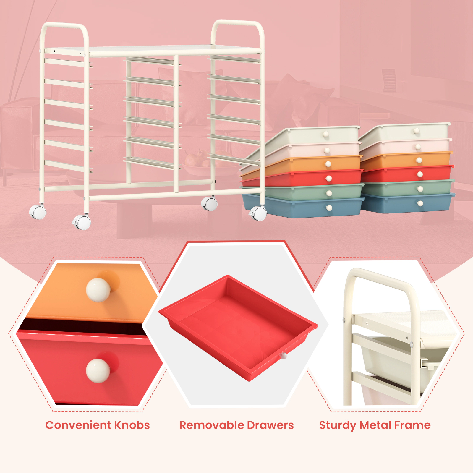 SUGIFT 12-Drawer Rolling Storage Cart with Removable Plastic Drawers on Wheels Macaron