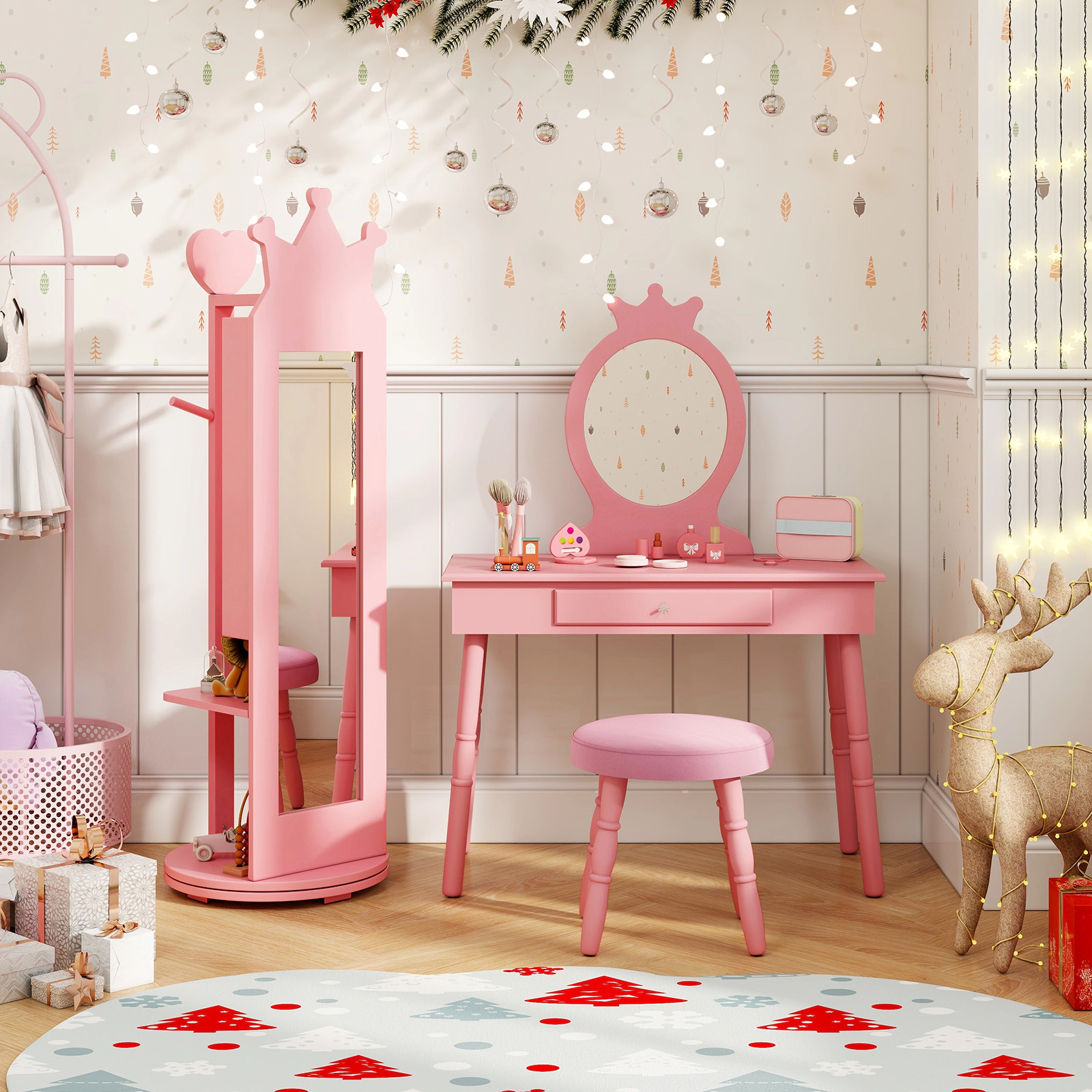 SUGIFT Pink Full Length Mirror Clothes Rack and Shelves Free-Standing Kids Jewelry Armoire
