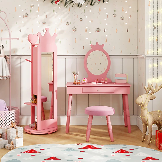 SUGIFT Pink Free-Standing Kids Jewelry Armoire with Full Length Mirror Clothes Rack and Shelves 44-in H