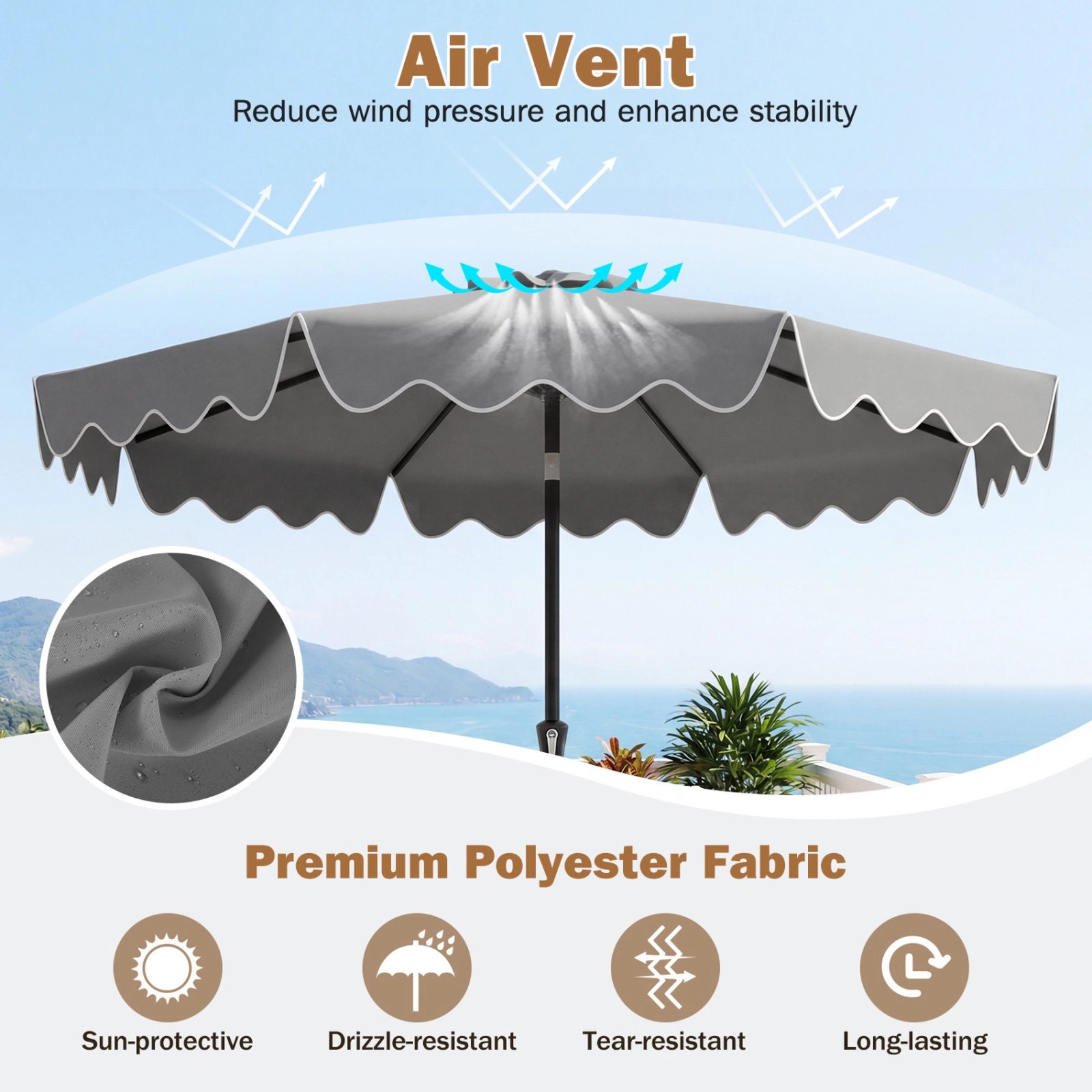 SUGIFT 9 x 8 ft Gray Ruffled Market Patio Umbrella with Crank Lift, Manual Tilt, Vented Double-Tier Top and 2 Sandbags