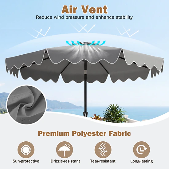 SUGIFT 9 x 8 ft Gray Ruffled Market Patio Umbrella with Crank Lift, Manual Tilt, Vented Double-Tier Top and 2 Sandbags