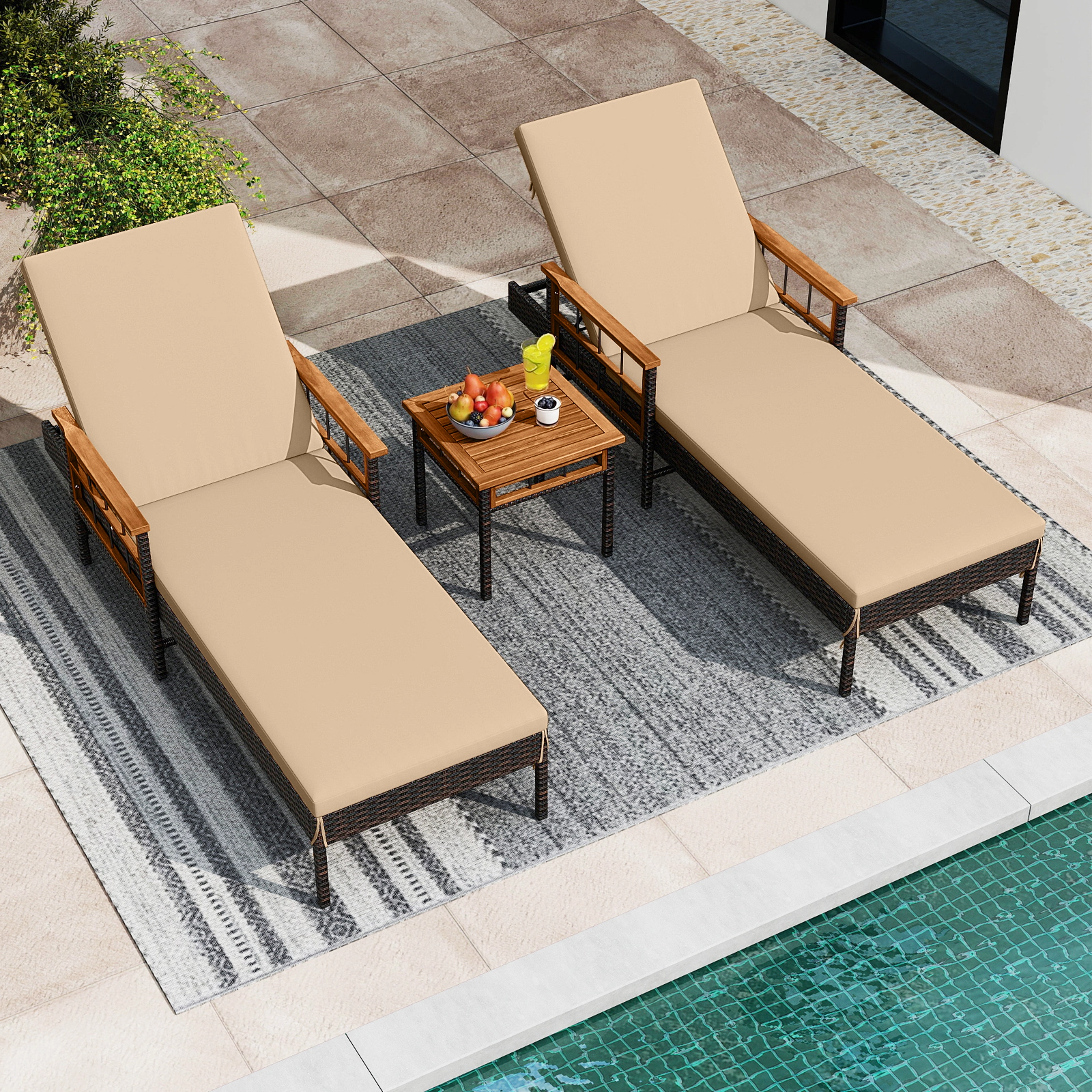 LJG Patio Rattan Chaise Lounge with Side Table and Adjustable Backrest