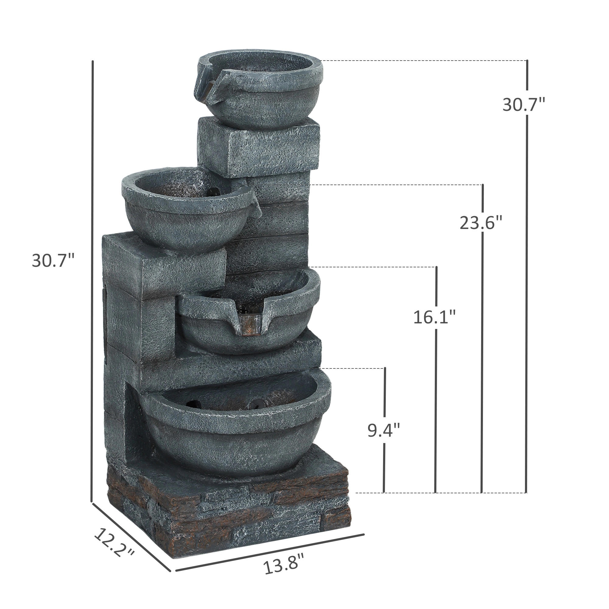 HONGGE Water Fountain 4-Tier Resin Cascading Bowls Outdoor Waterfall Fountain with LED Lights Pump