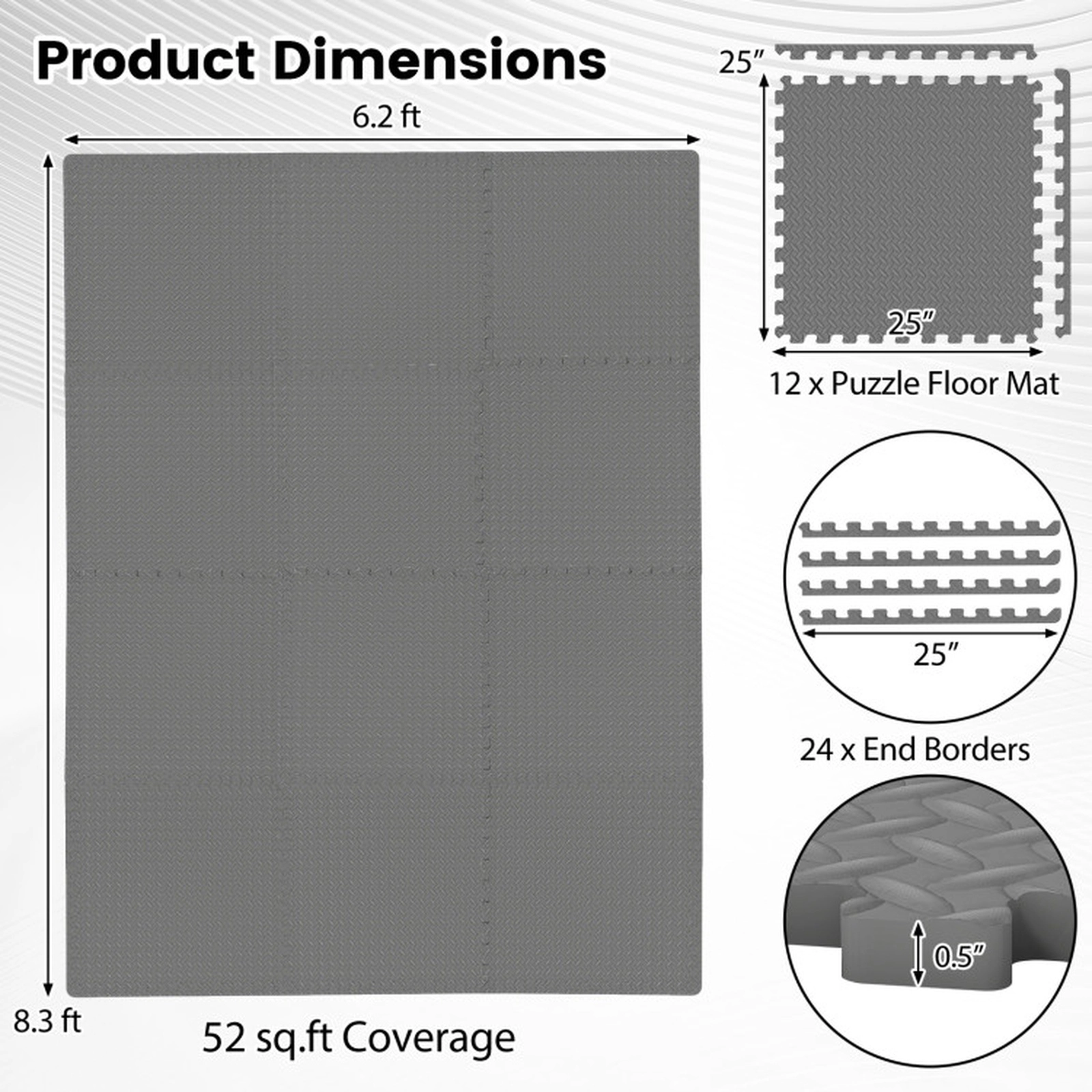 SUGIFT Gray 12-Piece 25-in x 25-in 0.5-in Thick Interlocking EVA Foam Puzzle Exercise Floor Mats with Borders