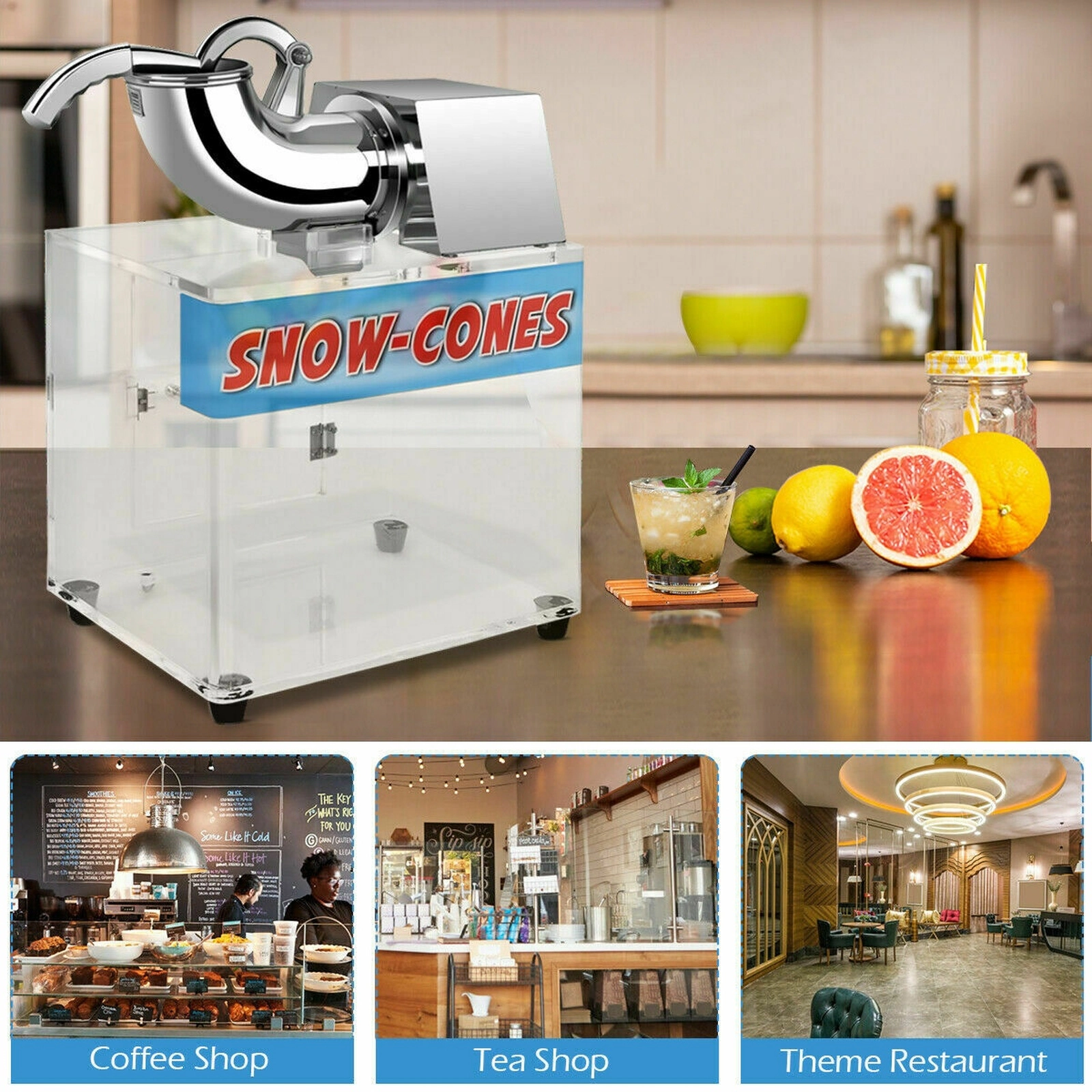 SUGIFT Stainless Steel Electric Snow Cone Machine with Dual Blades and Acrylic Ice Box 16.5-in W 12.5-in D 24-in H