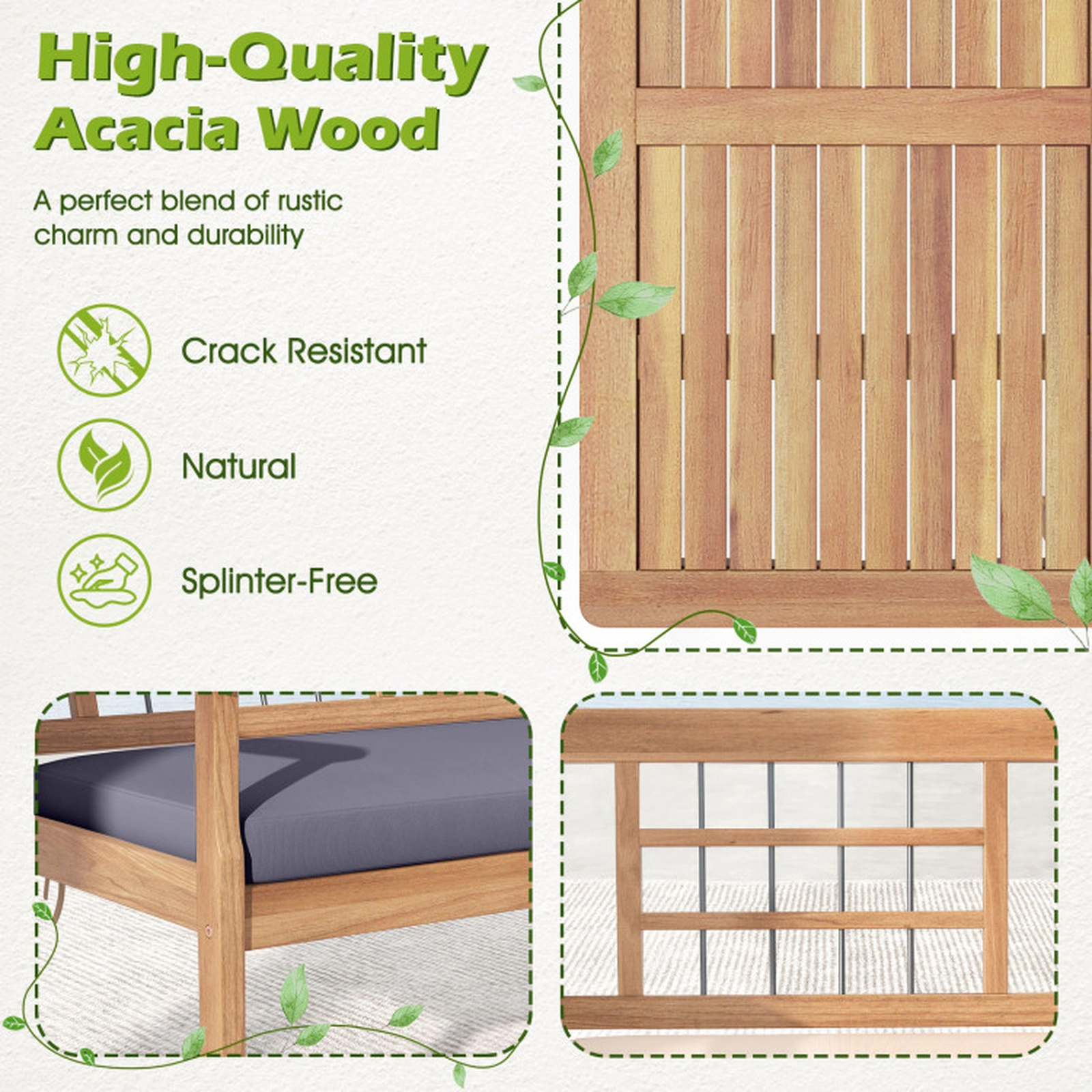 SUGIFT 4-Piece 800-lb Loveseat Capacity Acacia Wood Patio Furniture Set with 2 Armchairs and Coffee Table