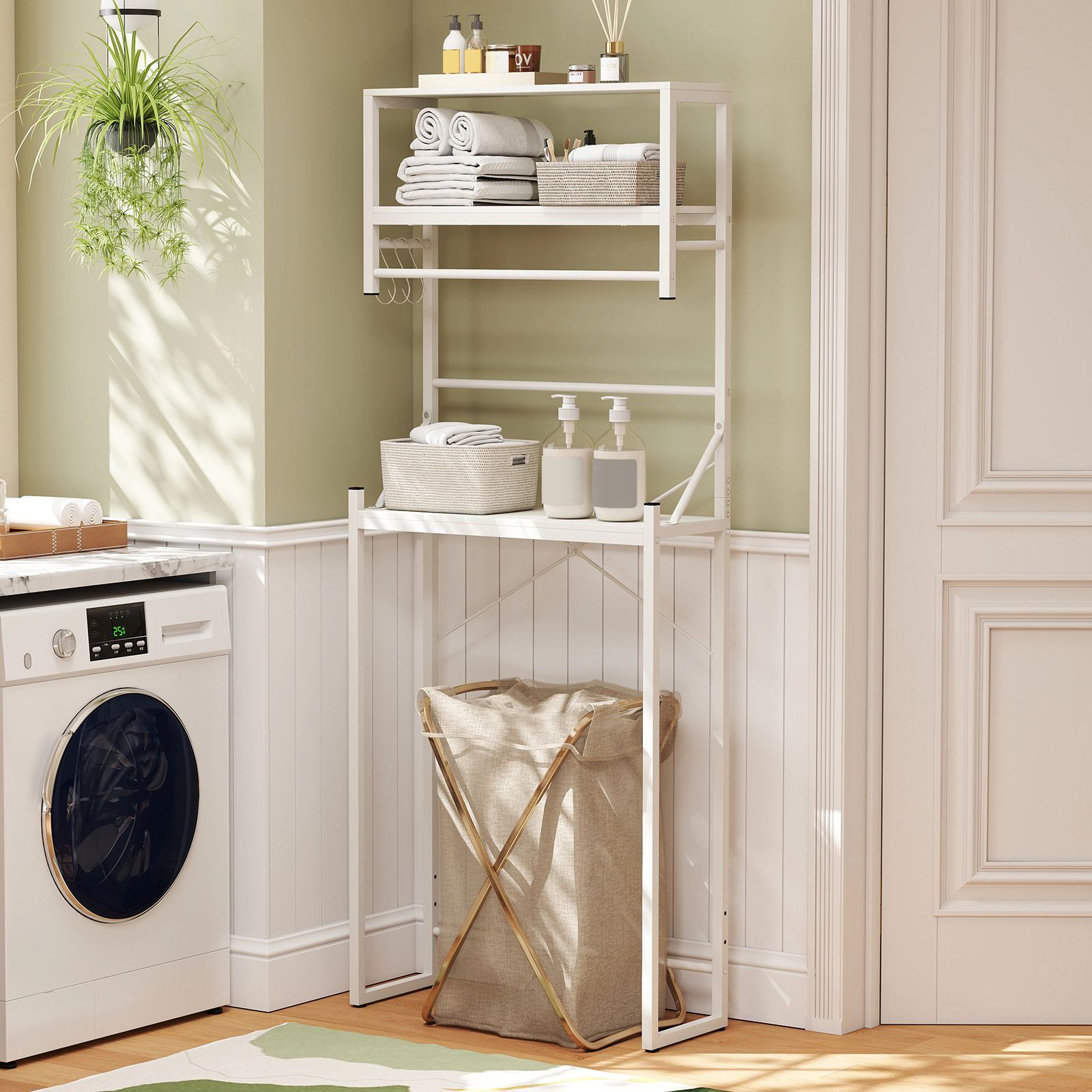 Slickblue Over-the-Toilet Bathroom Organizer Shelf 64in 3-Tier White Metal Rack Adjustable Bar