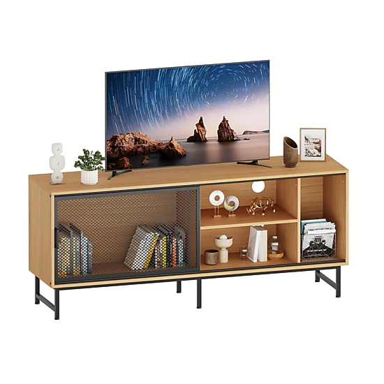 BebreezChic 63 Inch Modern Industrial TV Stand for Living Room for TV up to 70"–Metal Mesh Sliding Doors
