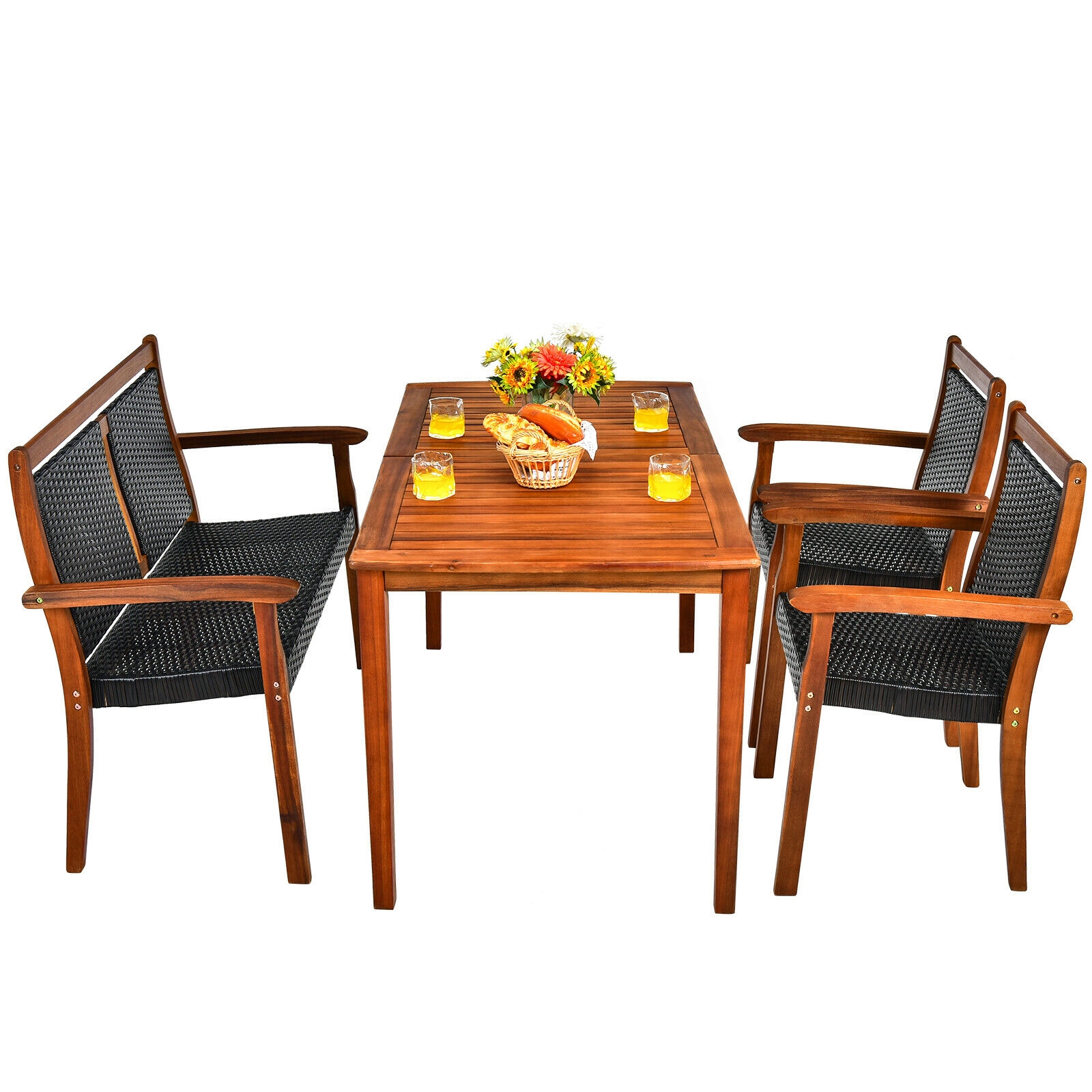 SUGIFT Loveseat and 2 Chairs 4-Piece Acacia Wood and Rattan Patio Dining Set