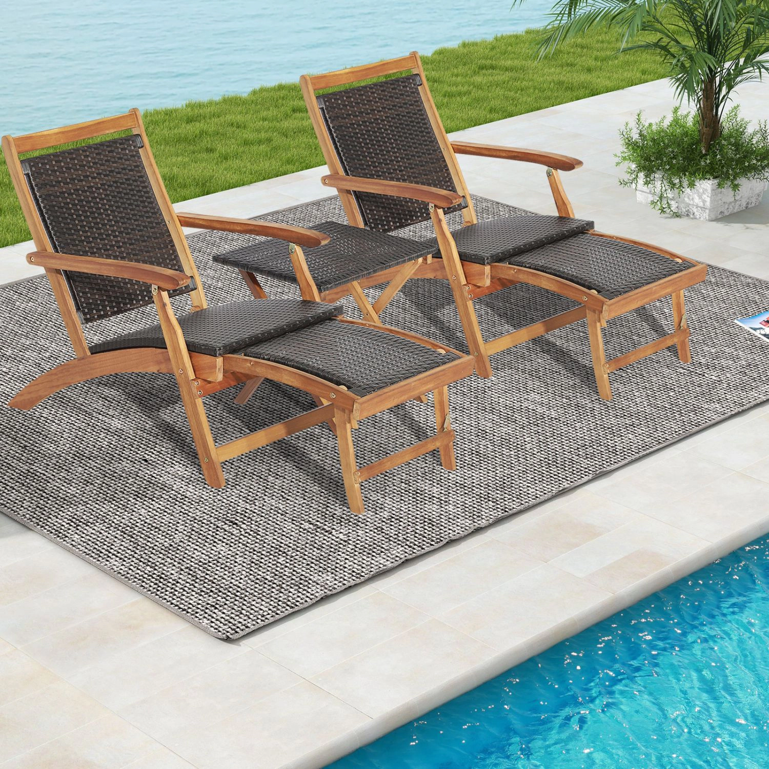 SlickBlue Unisex 3-Piece Patio Rattan Lounge Chair Set with Table