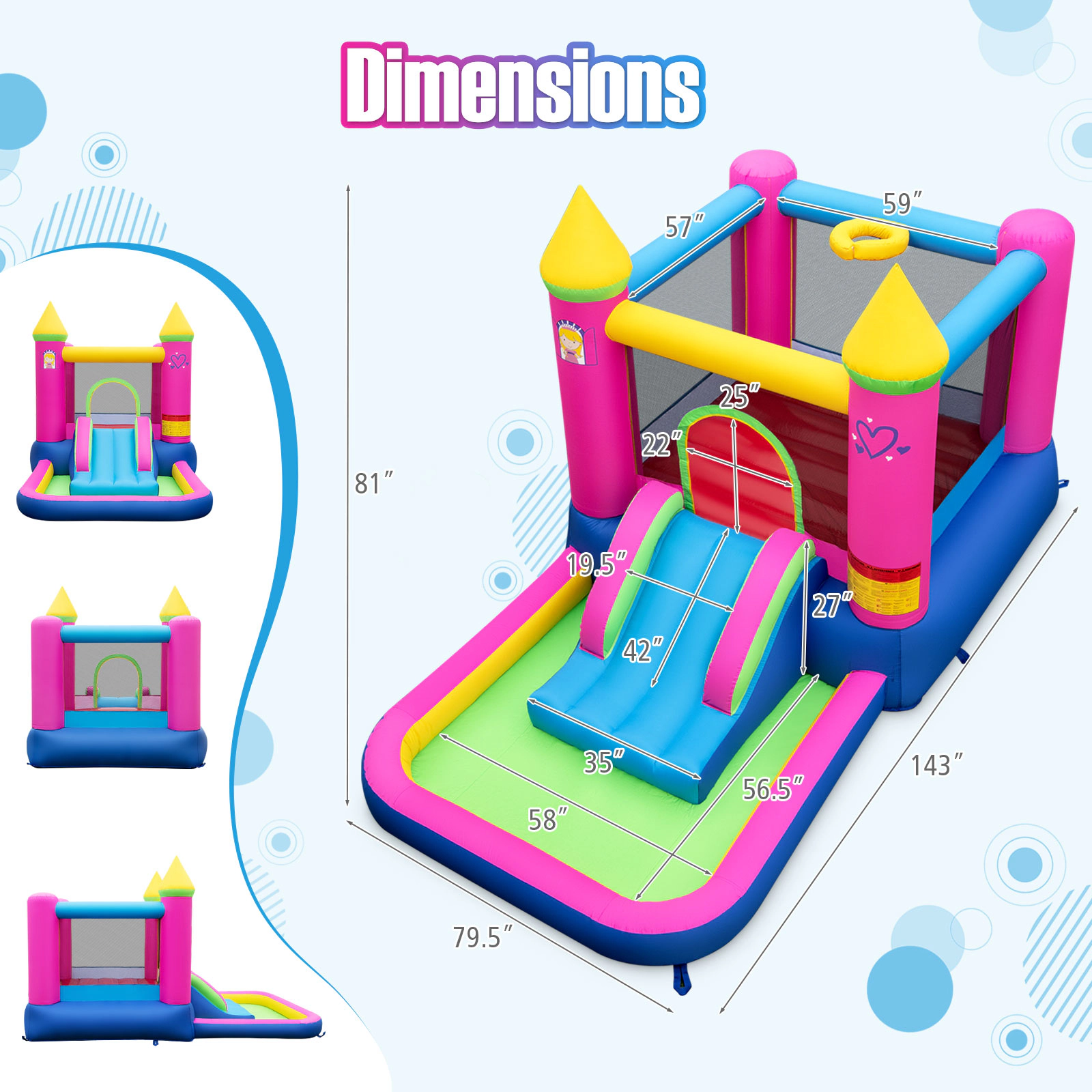 SUGIFT Inflatable Princess Castle Bounce House Slide Ball Pit & Basketball Hoop 200-lb Capacity Ages 3-12 Multicolor