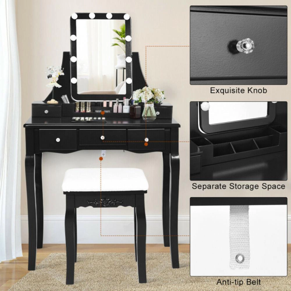 Hivvago 10 Dimmable Light Bulbs Vanity Dressing Table With 2 Dividers And Cushioned Stool
