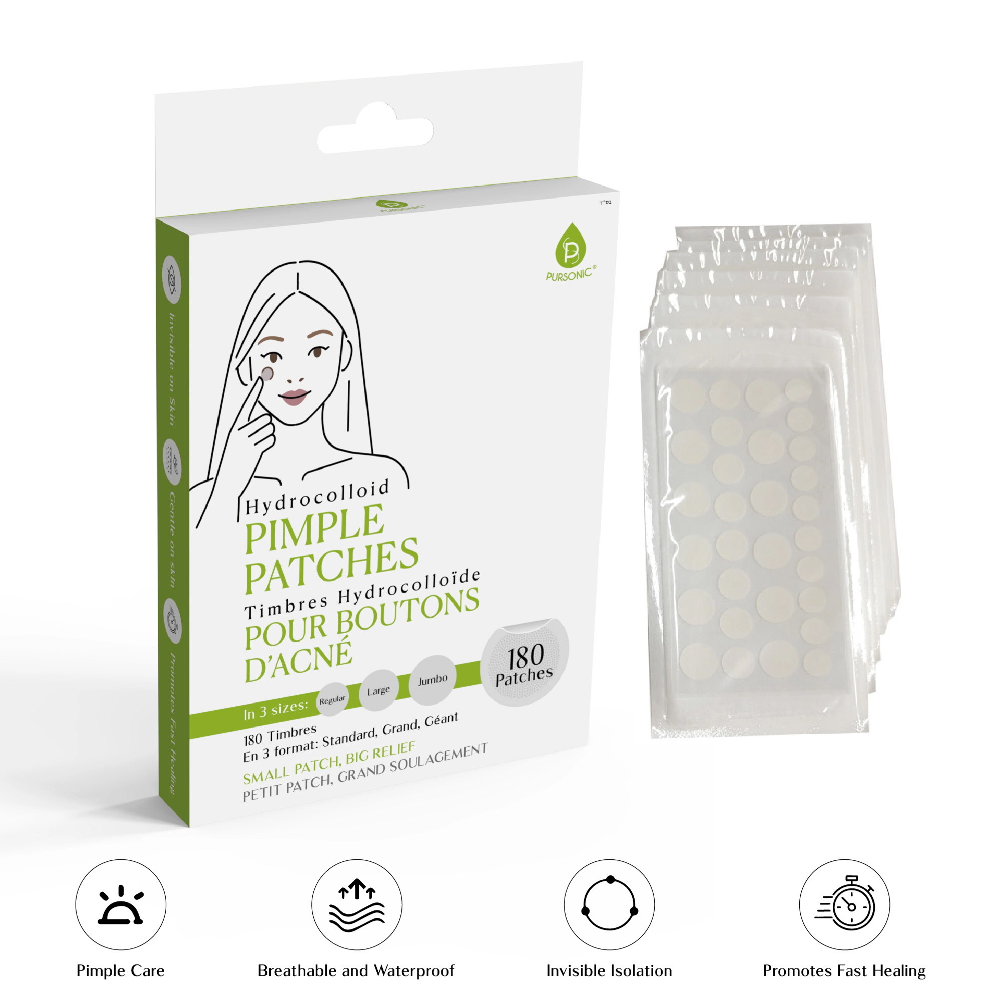 Pursonic Unisex Hydrocolloid Acne Treatment Pimple Patches with Multi-Size Blemish Care (180 Count)