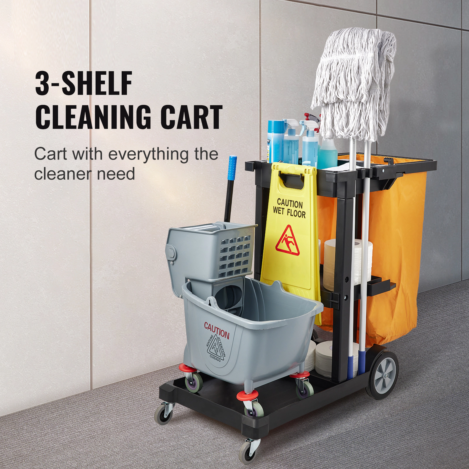 HONGGE Cleaning Cart 3-Shelf Commercial Janitorial Cart 200 lbs Capacity Plastic Housekeeping Cart with 25 Gallon PVC