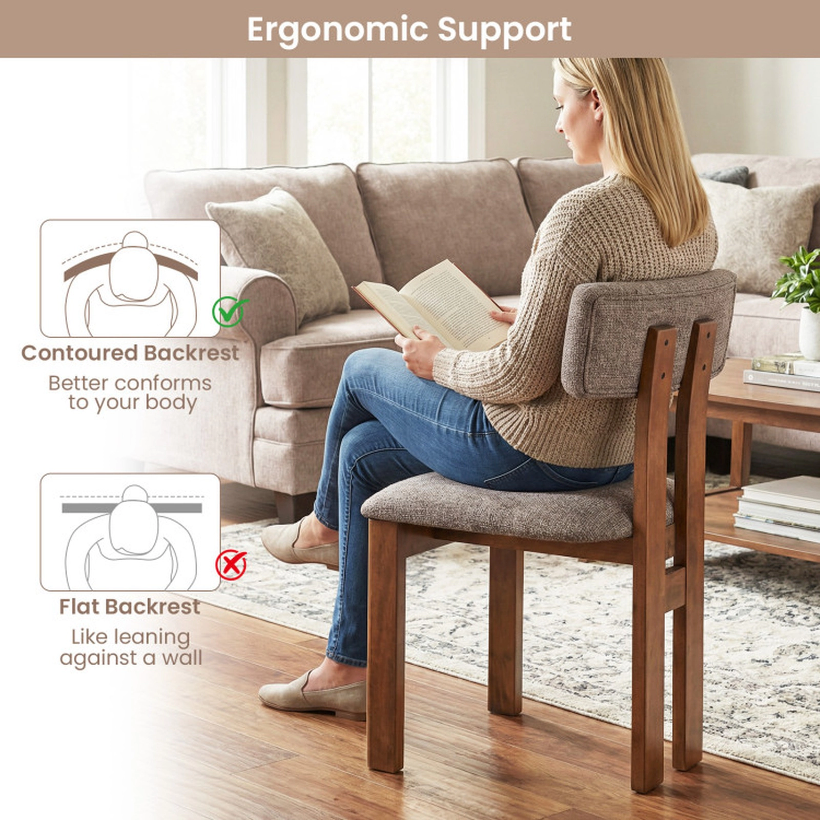 SUGIFT Set of 4 Walnut Upholstered Dining Chairs with Contoured Curved Backrest 20-in W 31.5-in H 375-lb Per Chair