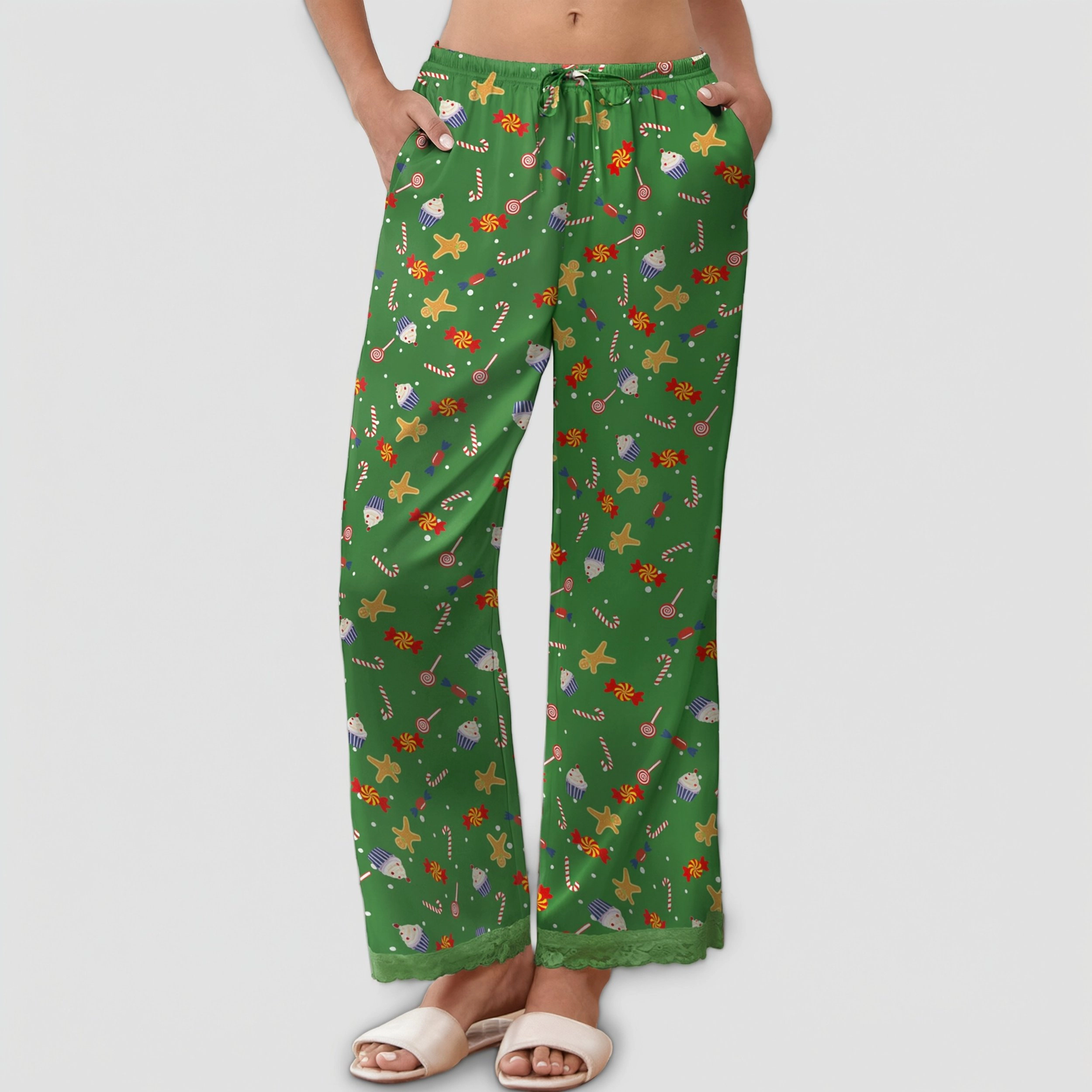 Ekouaer Womens Silk Satin Pajama Pants Sleep Pocketed Elastic Waist Wide Leg Bottoms