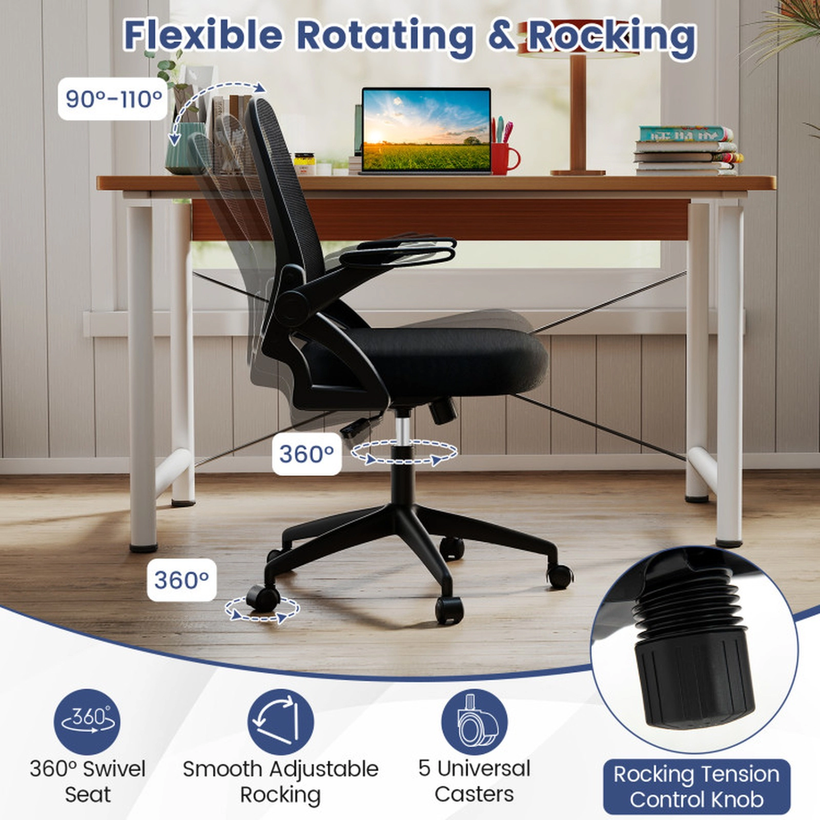 SUGIFT Flip-up Arms Built-in Lumbar Support Breathable Mesh Computer Desk Chair 25-in x 25-in x 36-in 330-lb Black
