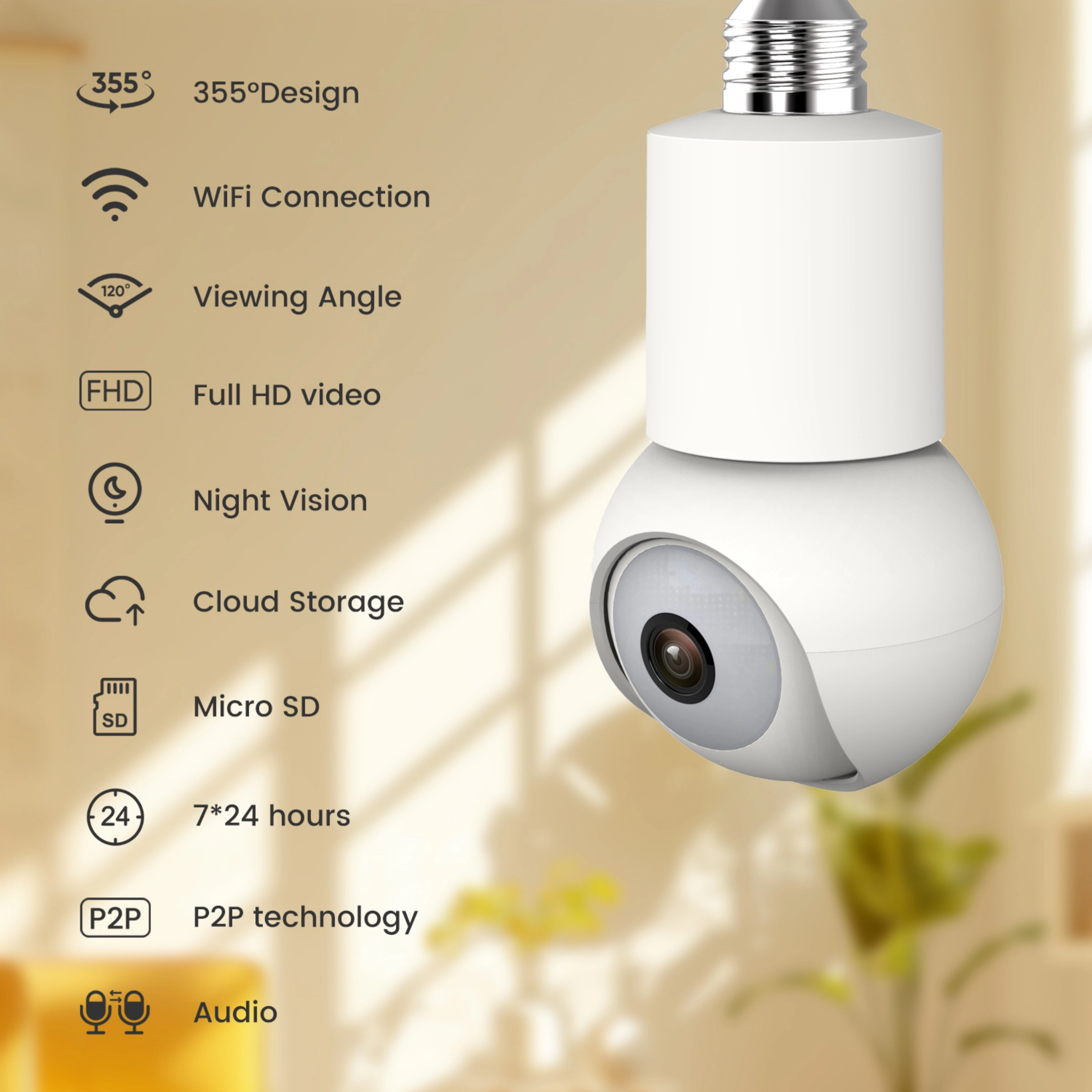 Eco4life Smart WiFi 4MP 1440P PTZ Light Bulb Security Camera