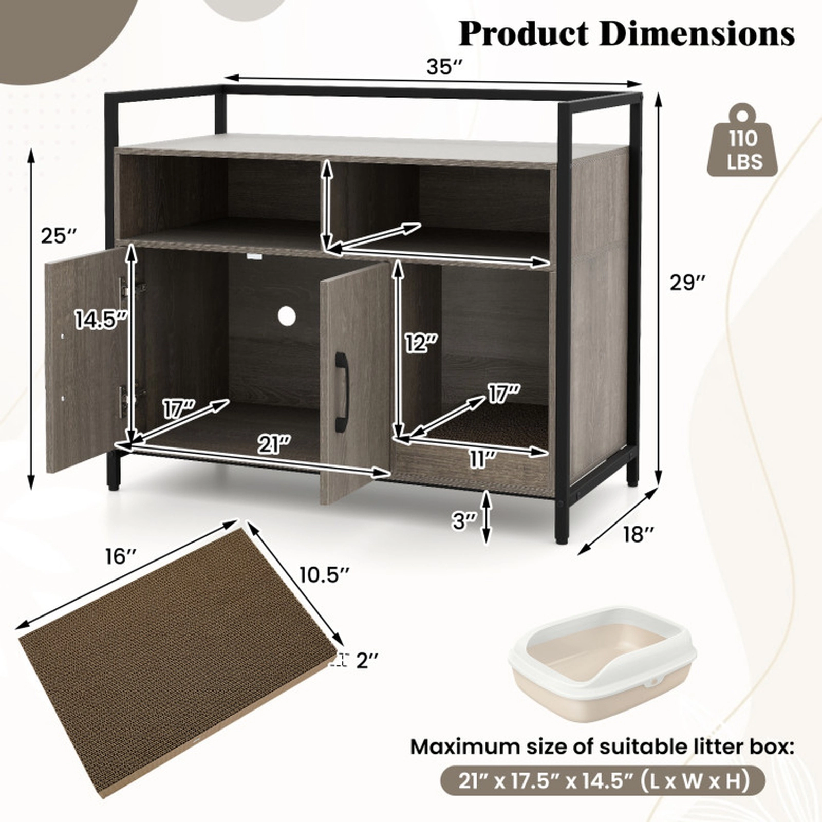 SUGIFT 35 x 29.5-in 110-lb Tabletop Capacity Oak Hidden Cat Litter Box Enclosure with Double Doors and Scratch Board