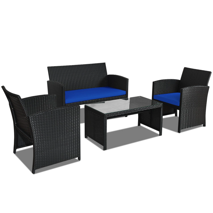 Hivvago 4 Pieces Rattan Patio Furniture Set With Weather Resistant Cushions And Tempered Glass Tabletop