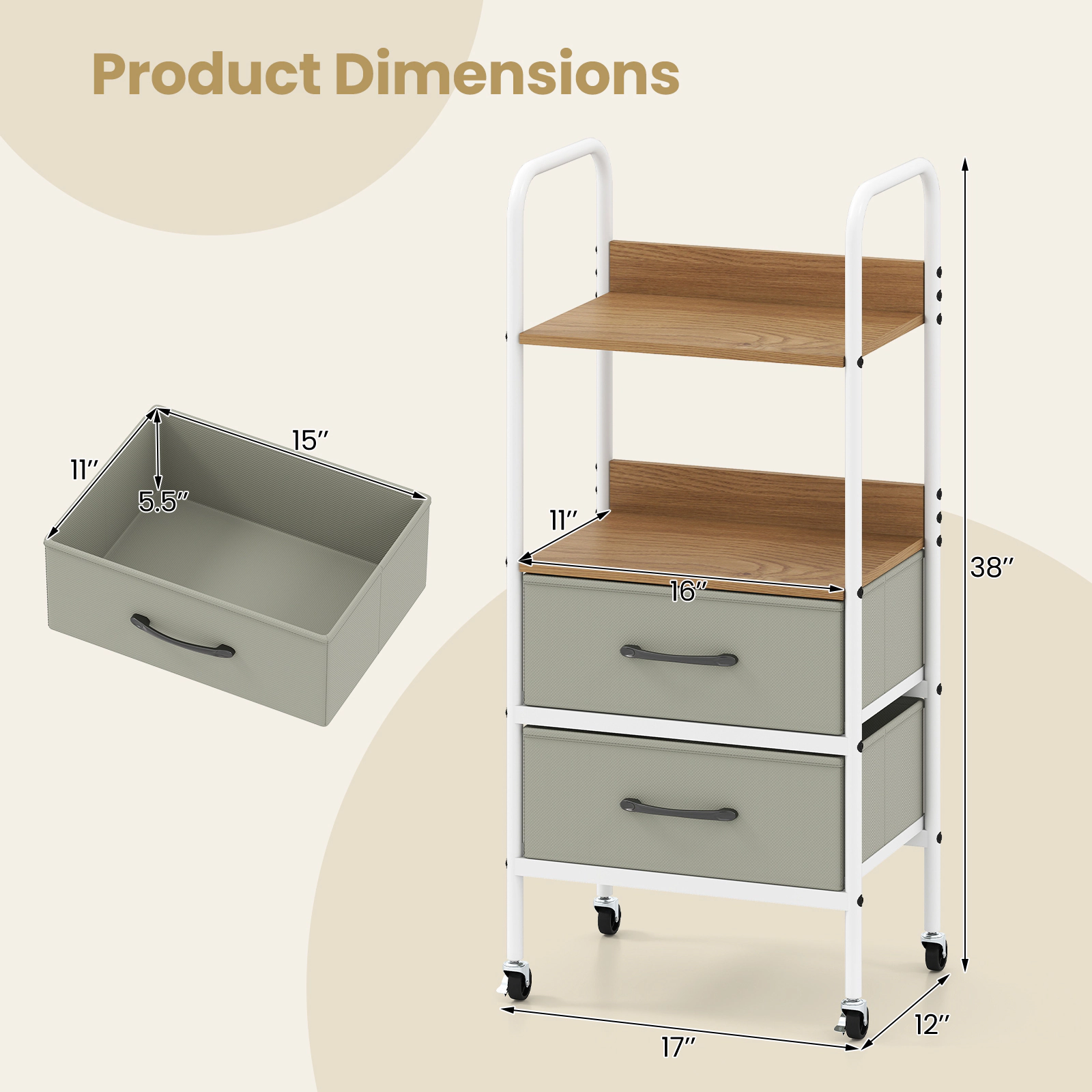 SUGIFT Rolling Utility File Storage Cart 2 Open Shelves & 2 Fabric Drawers 22-lb Shelf Capacity Natural + Gray + White