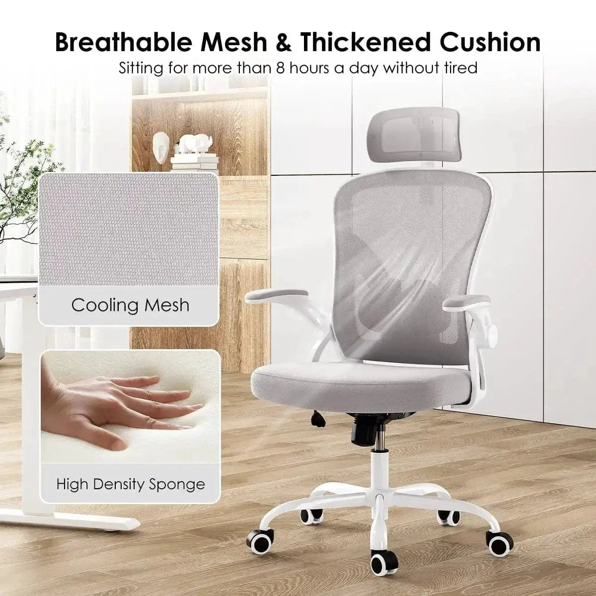 Platinum-Level Office Chairs White Gray Ergonomic Office Chair High Back Lumbar Support Headrest
