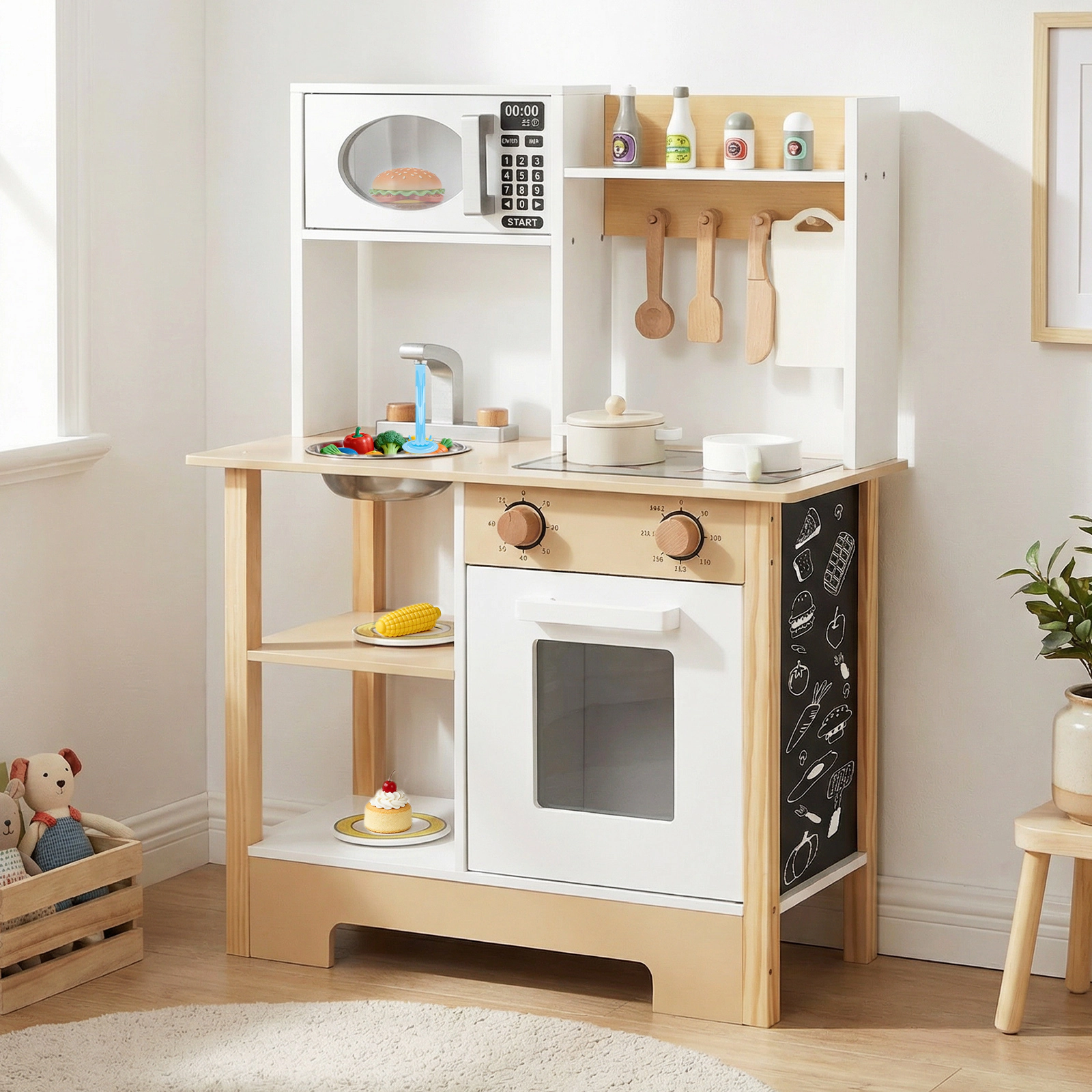 Kids Wooden Toy Kitchen Playset with Anti-Tip Kit Chalkboard and Cookware Accessories 24-in x 10-in x 33.5-in White