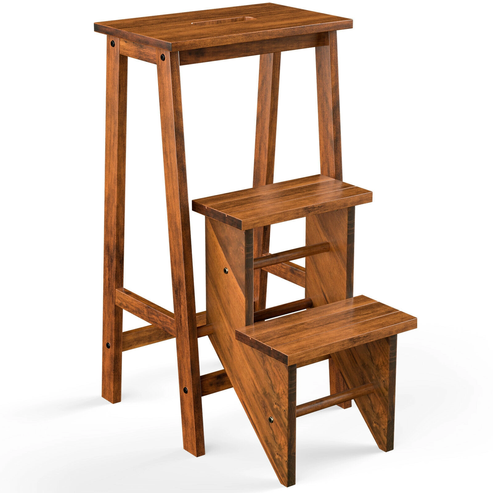 SUGIFT 3-in-1 Convertible 3-Tier Rubber Wood Folding Step Stool Ladder 22.5-in x 16-in x 30-in 200-lb Capacity Coffee