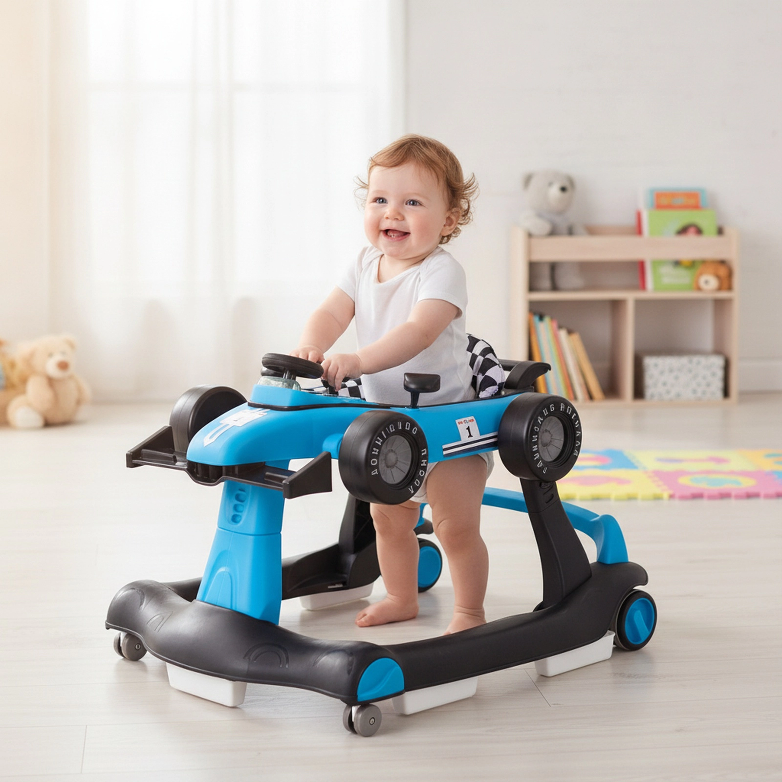 5-in-1 Baby Walker with Wheels with 2 Speed Settings 5 Padded Stair Guards 3 Seat Heights and Toy Car Floor Mode Blue