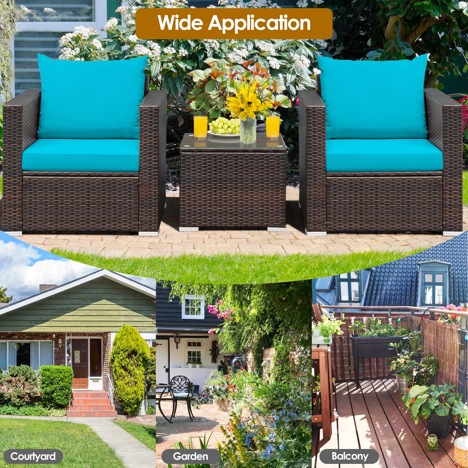 SUGIFT 20 in Glass Top Coffee Table 3-Piece Turquoise Patio Rattan Conversation Set